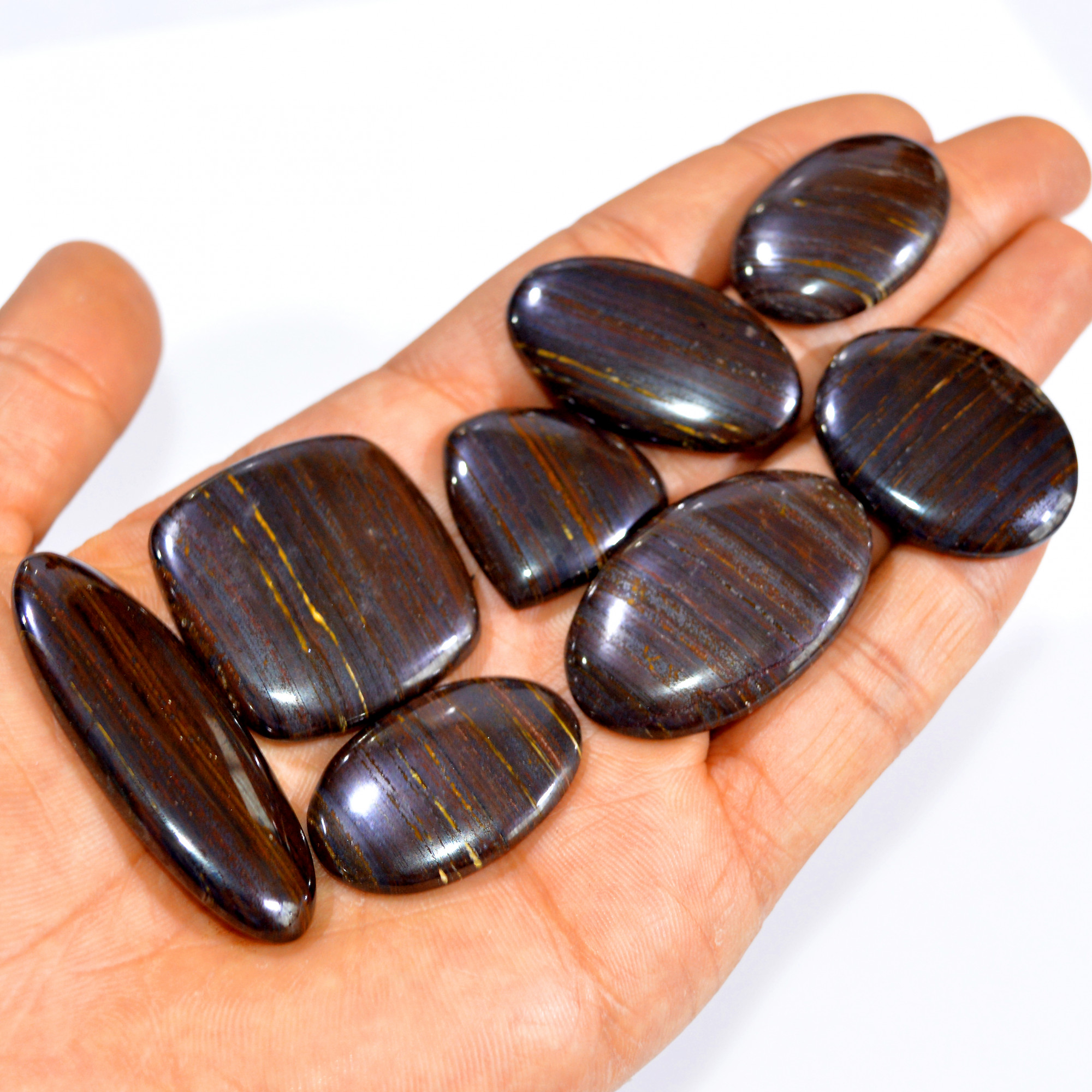 8 Pcs 416 Cts Natural Iron Tiger Eye Cabochon Loose Semi Precious Wholesale Lot Jewelry Making Wire Wrapping Pendant 48x16 25x25mm 3226