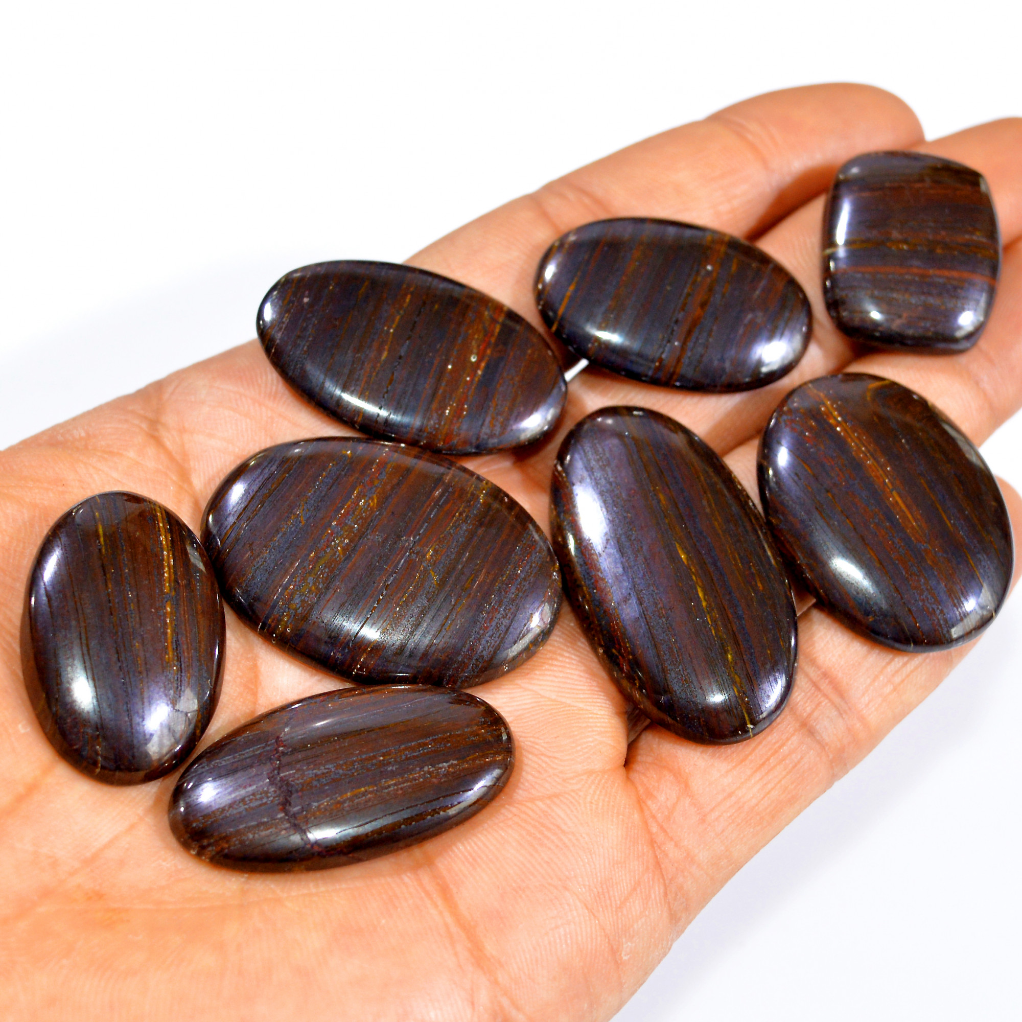 8 Pcs 361 Cts Natural Iron Tiger Eye Cabochon Loose Semi Precious Wholesale Lot Jewelry Making Wire Wrapping Pendant 40x20 24x20mm 3227