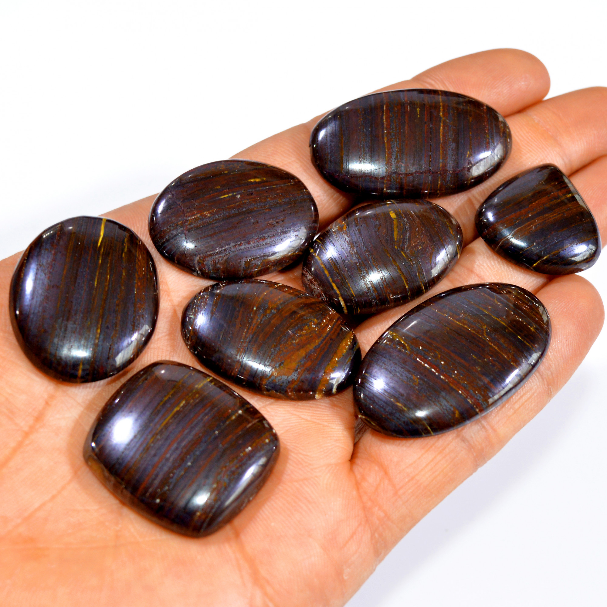 8 Pcs 442 Cts Natural Iron Tiger Eye Cabochon Loose Semi Precious Wholesale Lot Jewelry Making Wire Wrapping Pendant 39x22 22x22mm 3228