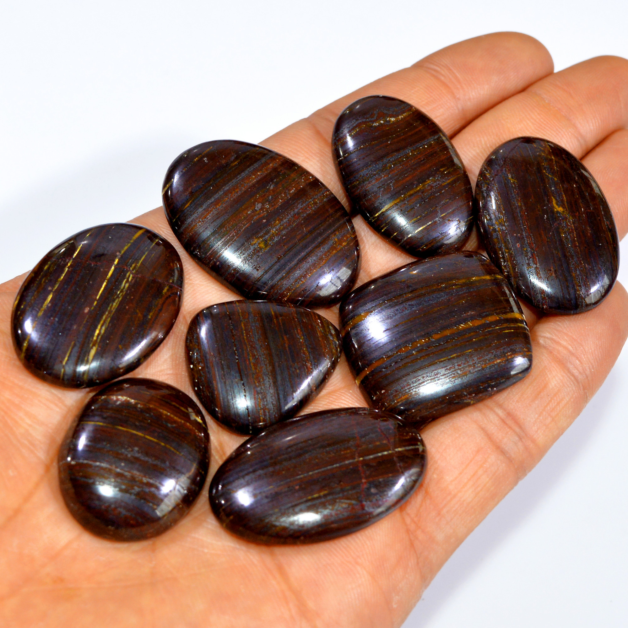 8 Pcs 430 Cts Natural Iron Tiger Eye Cabochon Loose Semi Precious Wholesale Lot Jewelry Making Wire Wrapping Pendant 35x25 24x22mm 3229