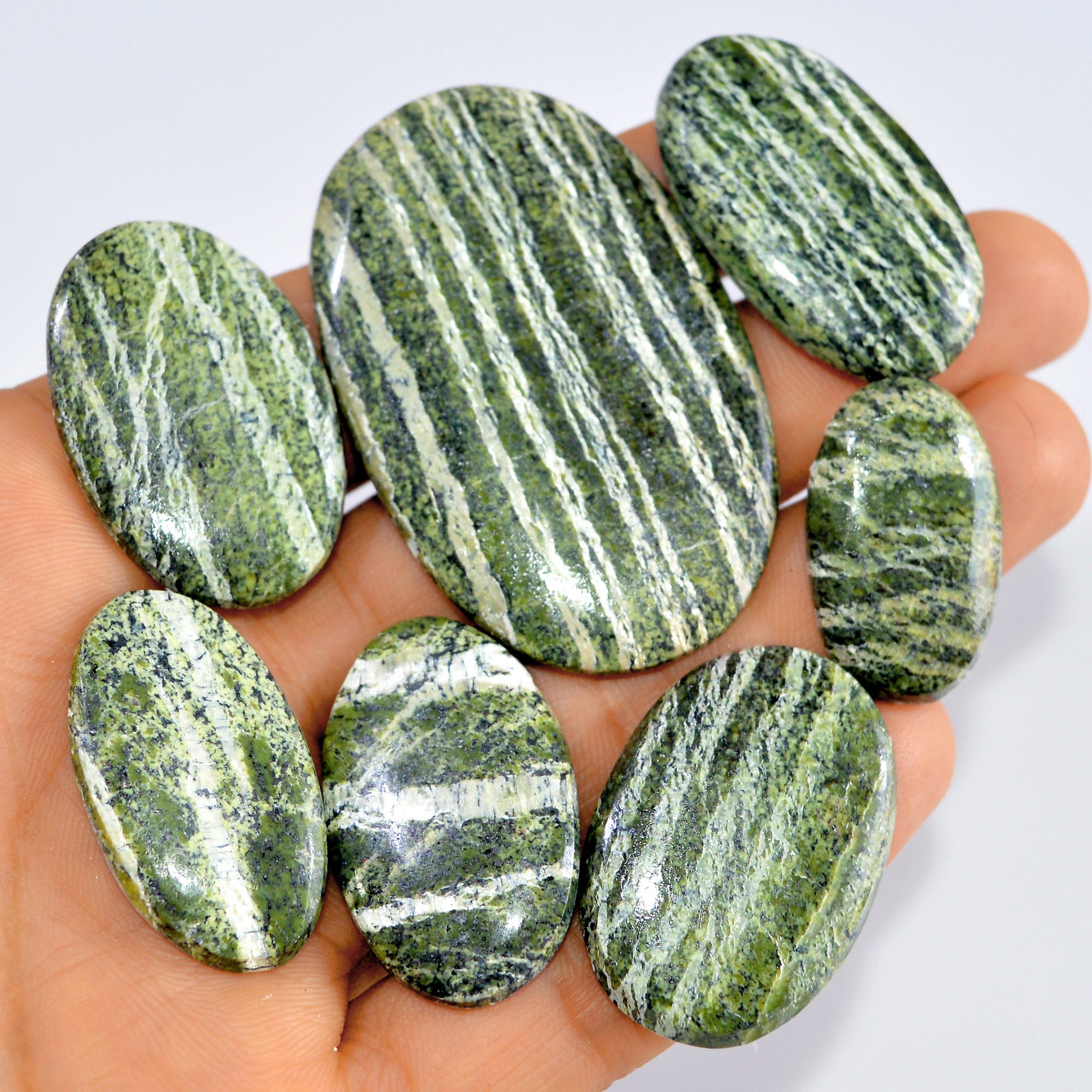7 Pcs 261 Cts Natural Green Swiss Opal Semi Precious Loose Cabochon Handmade Gemstone Lot 55x34 27x15mm 3239