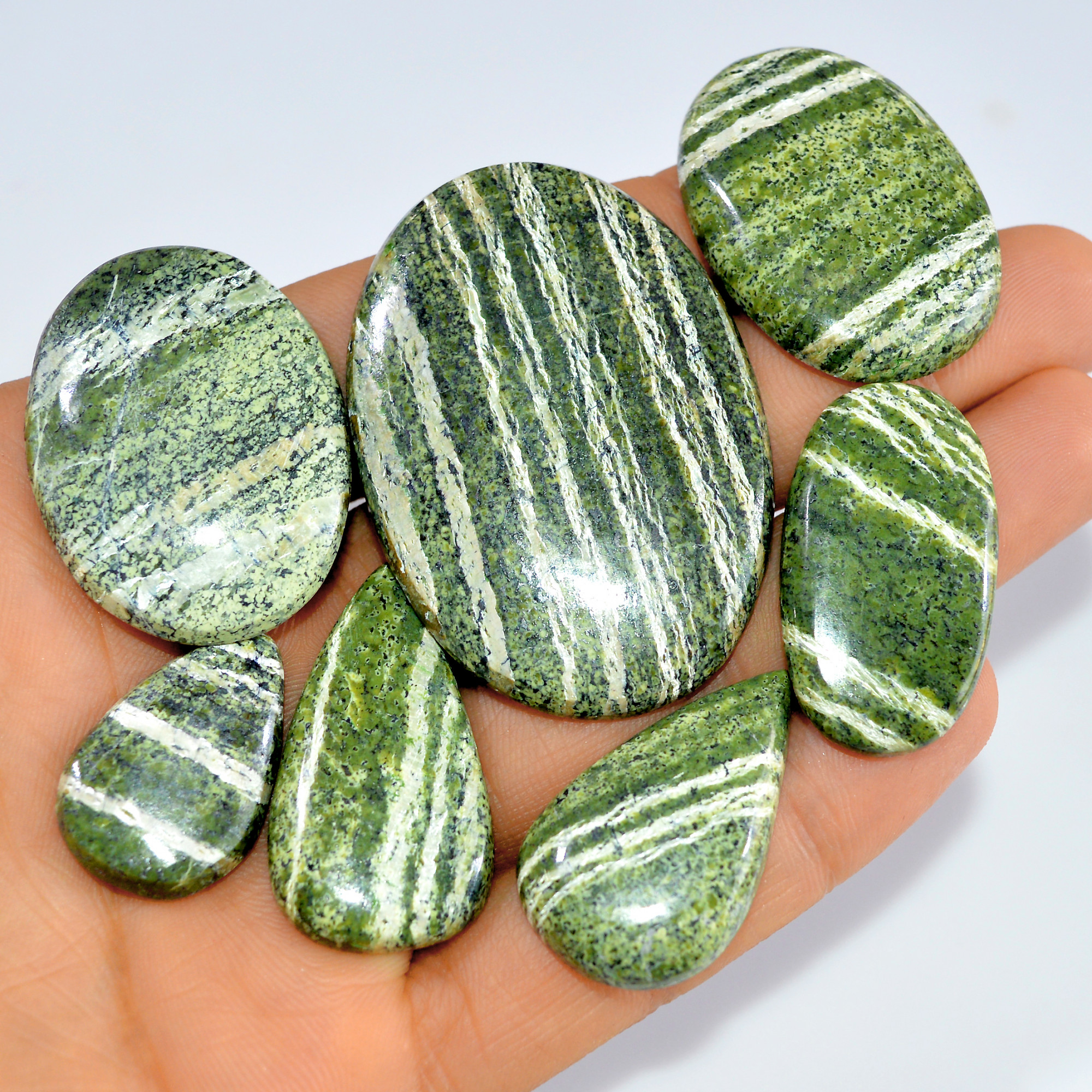 7 Pcs 306 Cts Natural Green Swiss Opal Semi Precious Loose Cabochon Handmade Gemstone Lot 53x34 25x15mm 3240