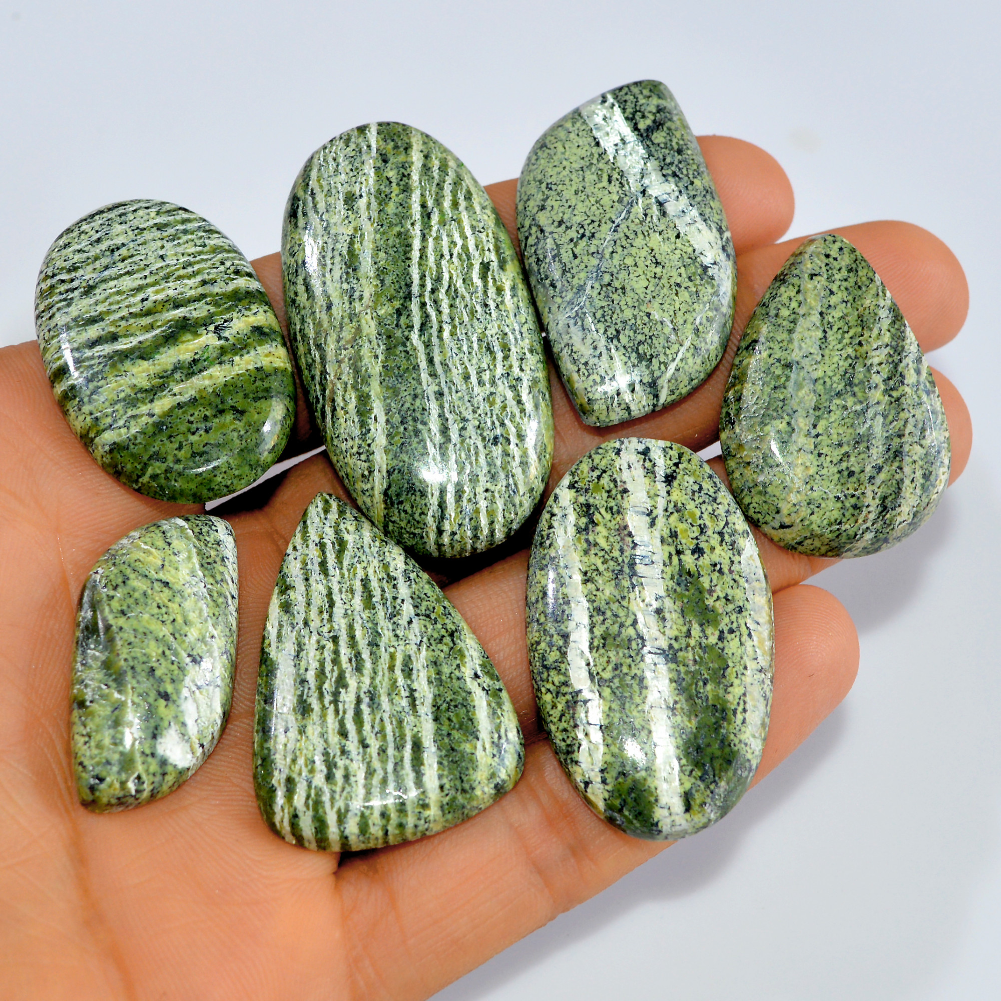 7 Pcs 323 Cts Natural Green Swiss Opal Semi Precious Loose Cabochon Handmade Gemstone Lot 49x24 30x15 mm 3241