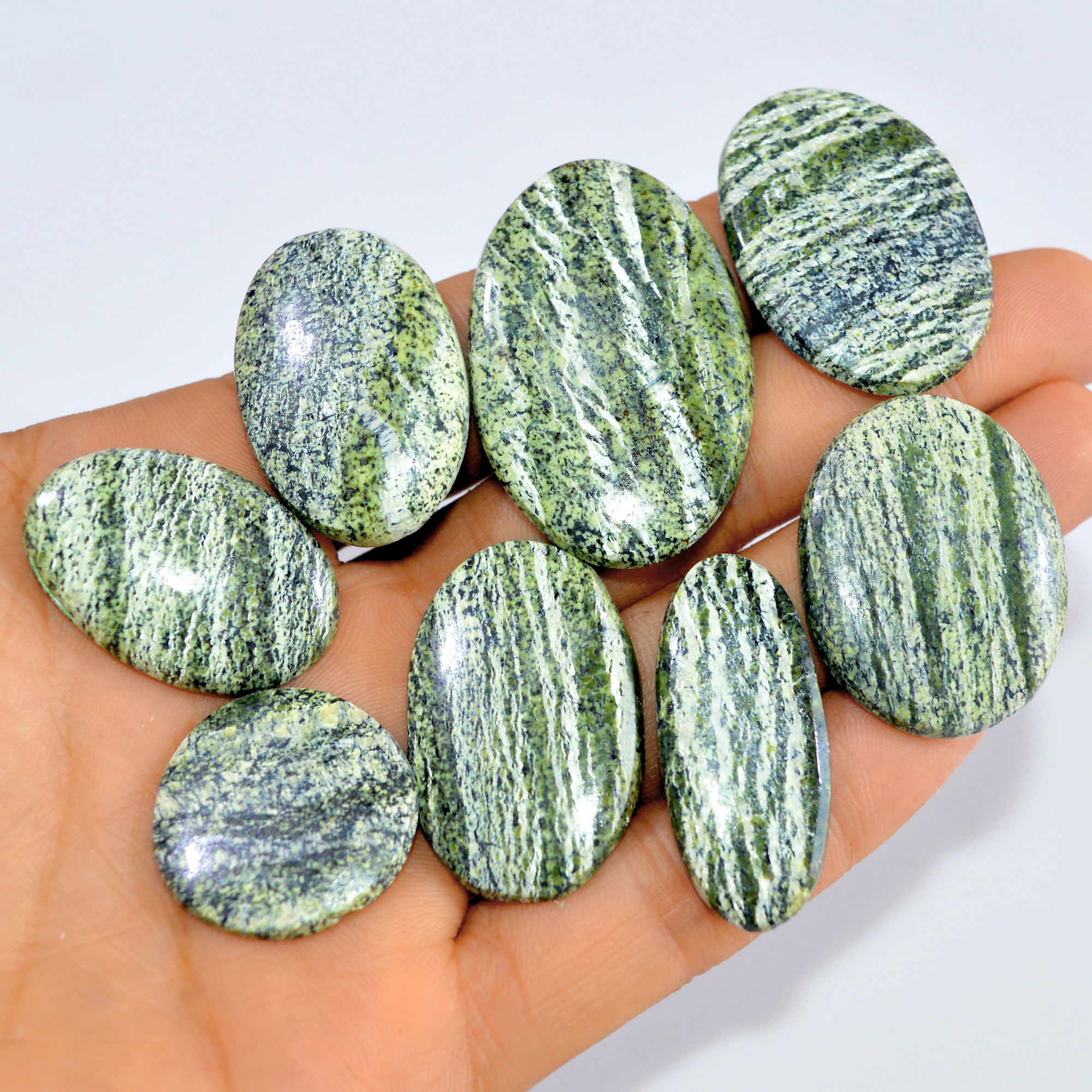 8 Pcs 253 Cts Natural Green Swiss Opal Semi Precious Loose Cabochon Handmade Gemstone Lot 43x26 24x24mm 3242