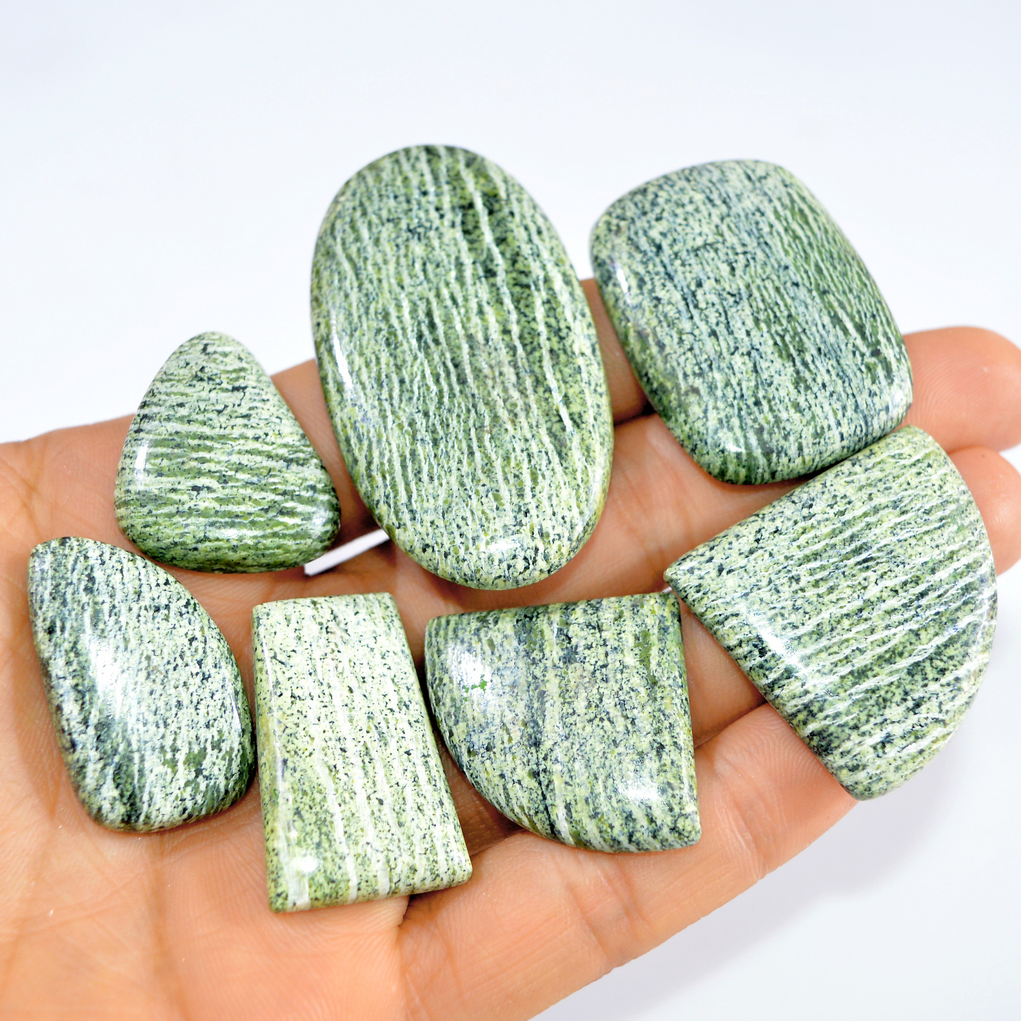 7 Pcs 335 Cts Natural Green Swiss Opal Semi Precious Loose Cabochon Handmade Gemstone Lot 55x27 27x23mm 3243