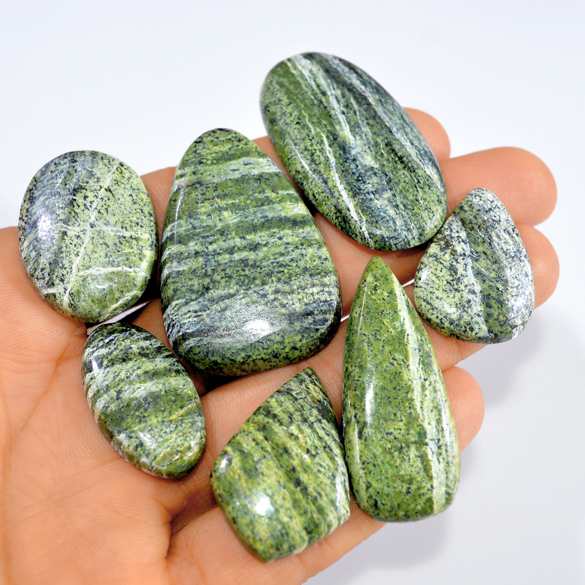 7 Pcs 266 Cts Natural Green Swiss Opal Semi Precious Loose Cabochon Handmade Gemstone Lot 41x29 26x19mm 3245