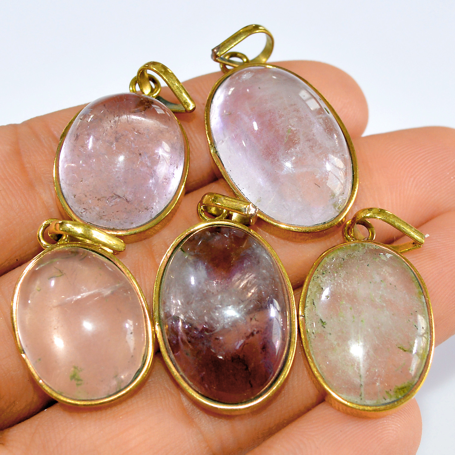 5 Pcs 165 Cts Natural Mix Cabochon Gemstone Handcrafted Brass Pendant For Women 26x15 20x16mm 3246