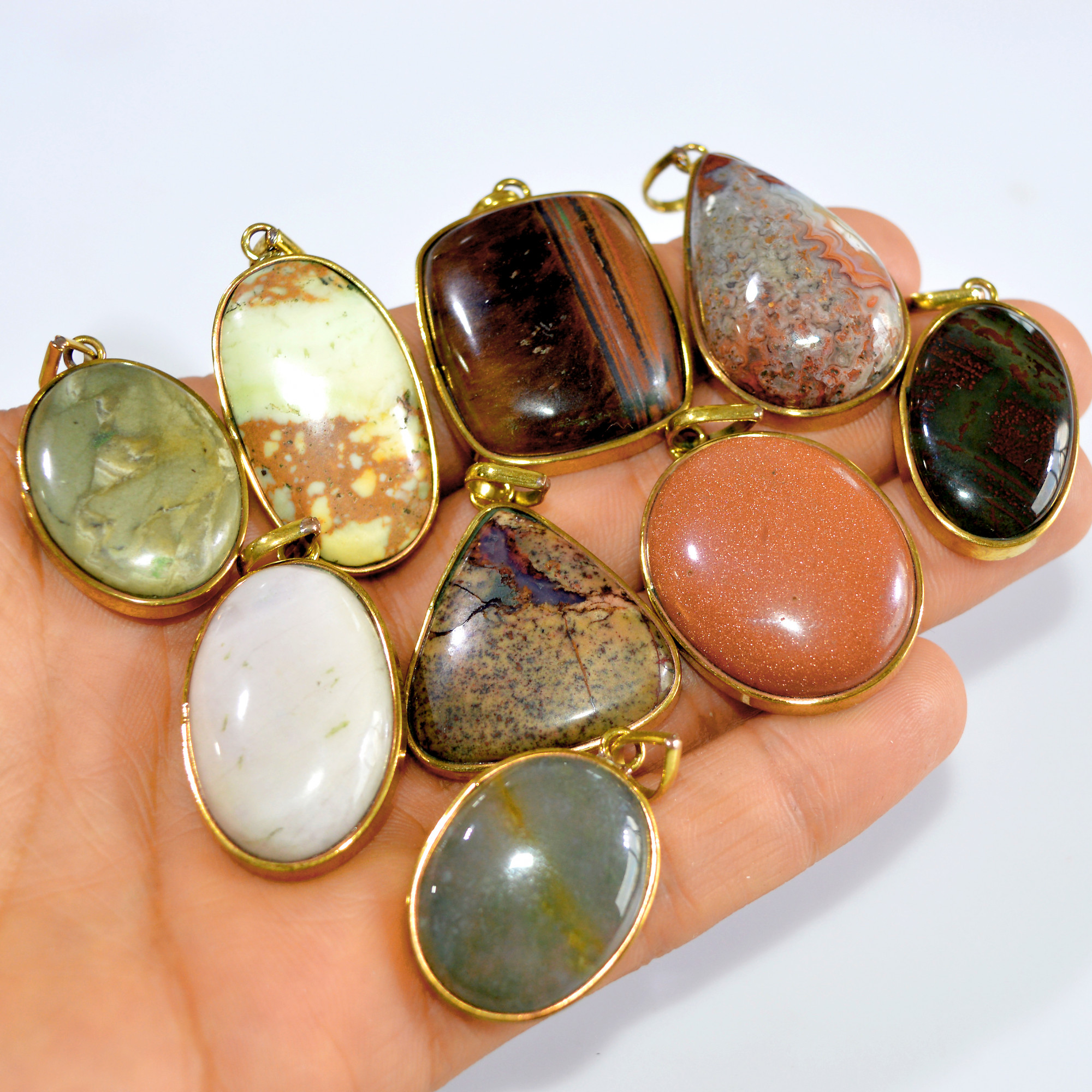 9 Pcs 412 Cts Natural Mix Cabochon Gemstone Handcrafted Brass Pendant For Women 35x20 24x18mm 3247