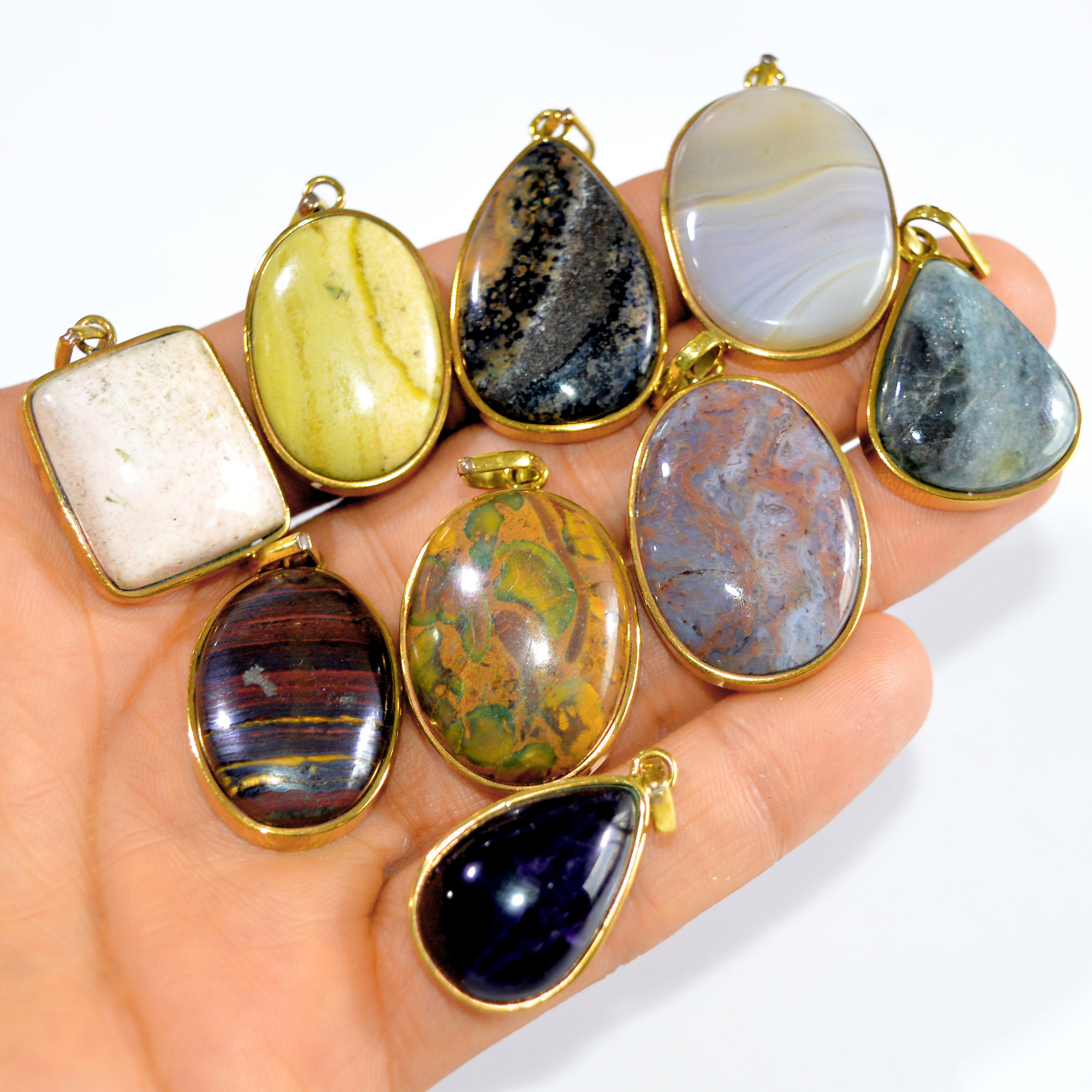 9 Pcs 357 Cts Natural Mix Cabochon Gemstone Handcrafted Brass Pendant For Women 30x20 24x20mm 3248