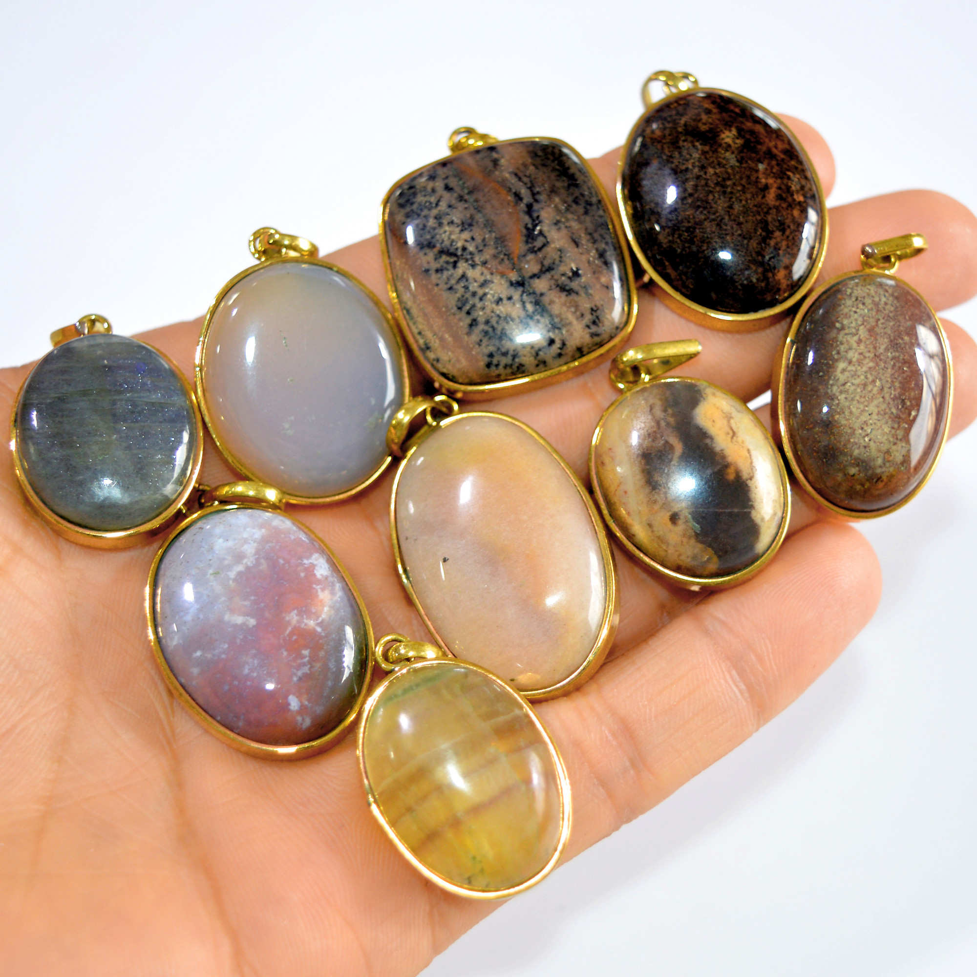 9 Pcs 418 Cts Natural Mix Cabochon Gemstone Handcrafted Brass Pendant For Women 34x21 24x19mm 3249