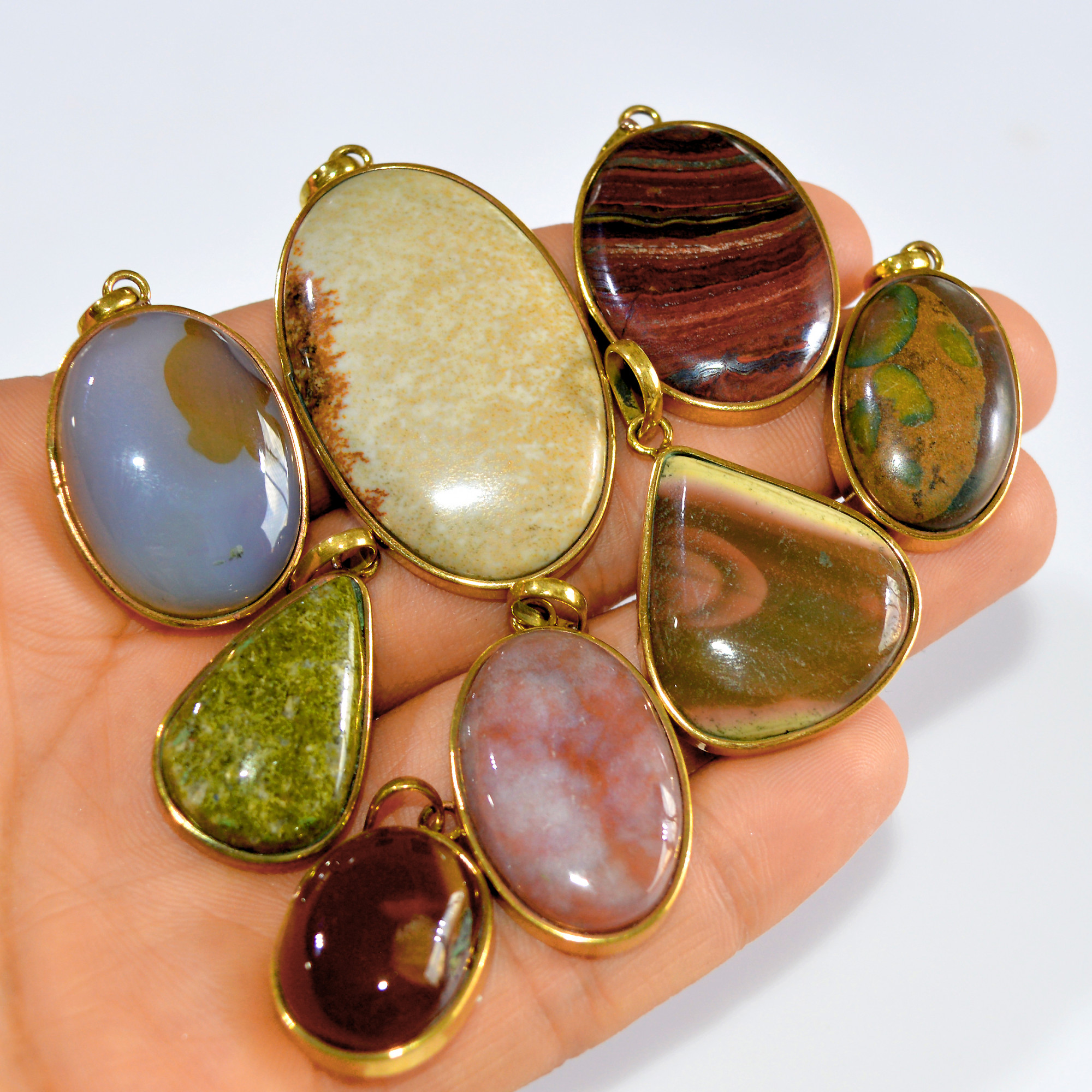 8 Pcs 326 Cts Natural Mix Cabochon Gemstone Handcrafted Brass Pendant For Women 43x25 20x14mm 3250