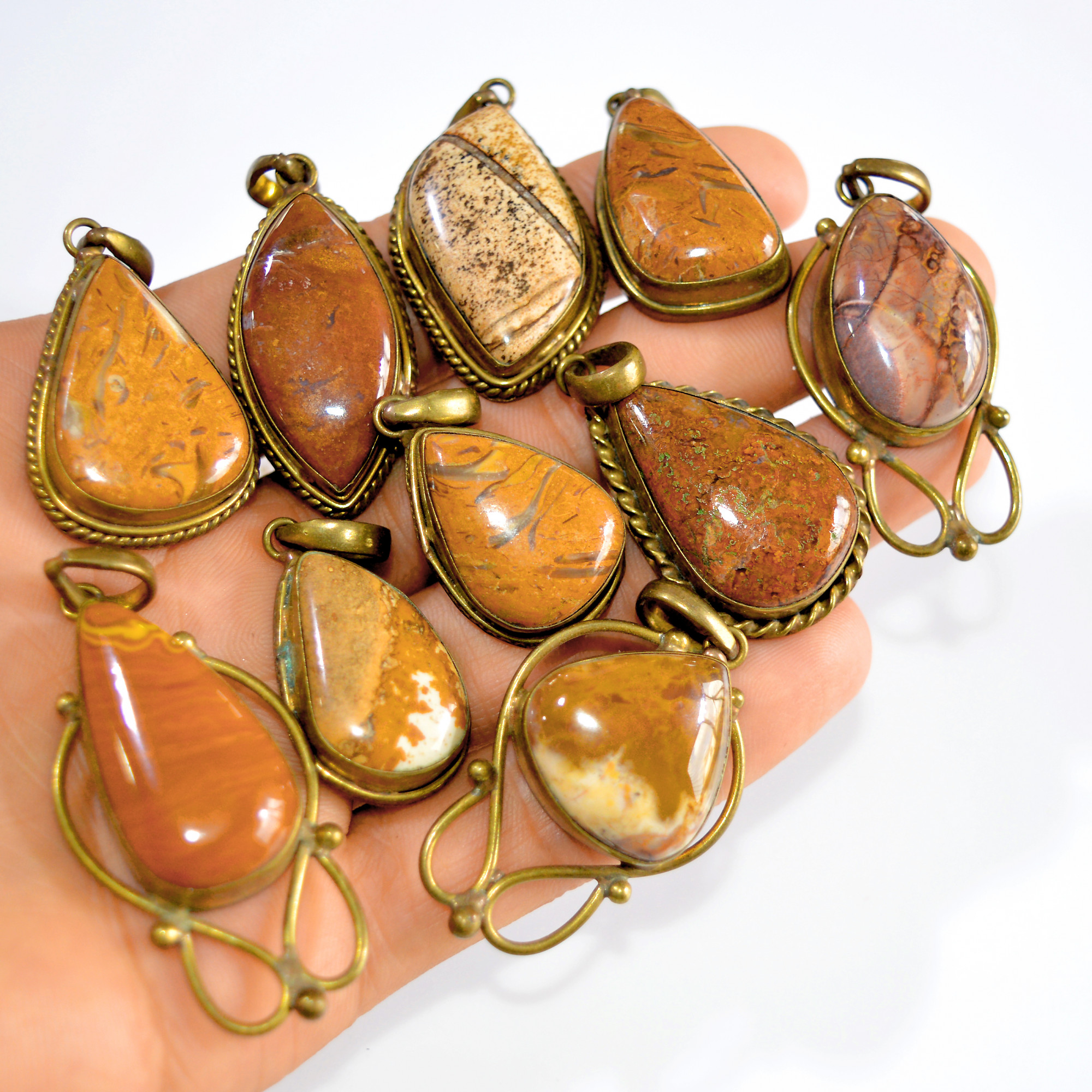 10 Pcs 518 Cts Natural Mix Cabochon Gemstone Handcrafted Brass Pendant For Women 33x15 24x15mm 3251