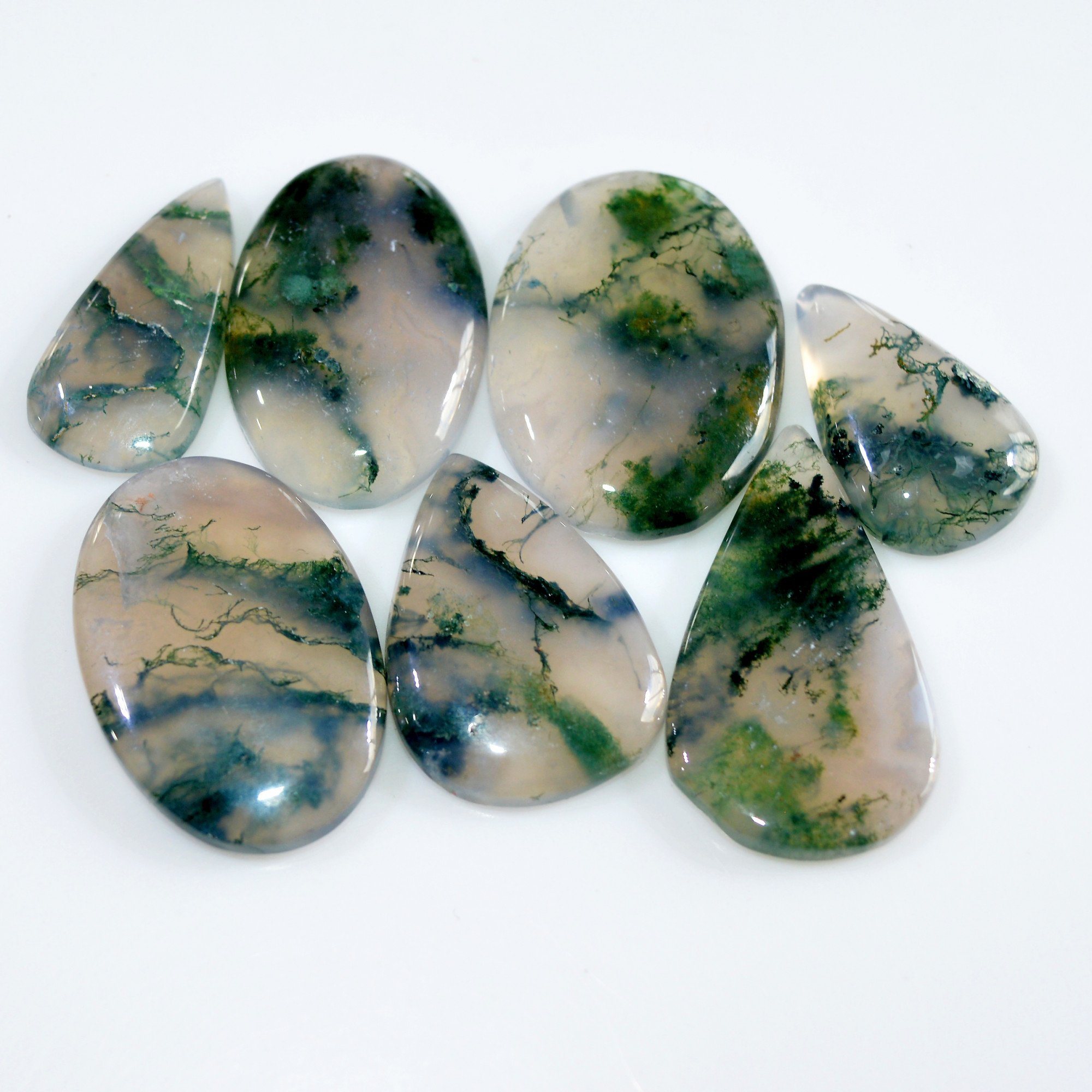 7 Pcs 167 Cts Natural Moss Agate Loose Cabochon Wholesale Jewelry Making Gemstone Lot 33x20 24x15mm 3256
