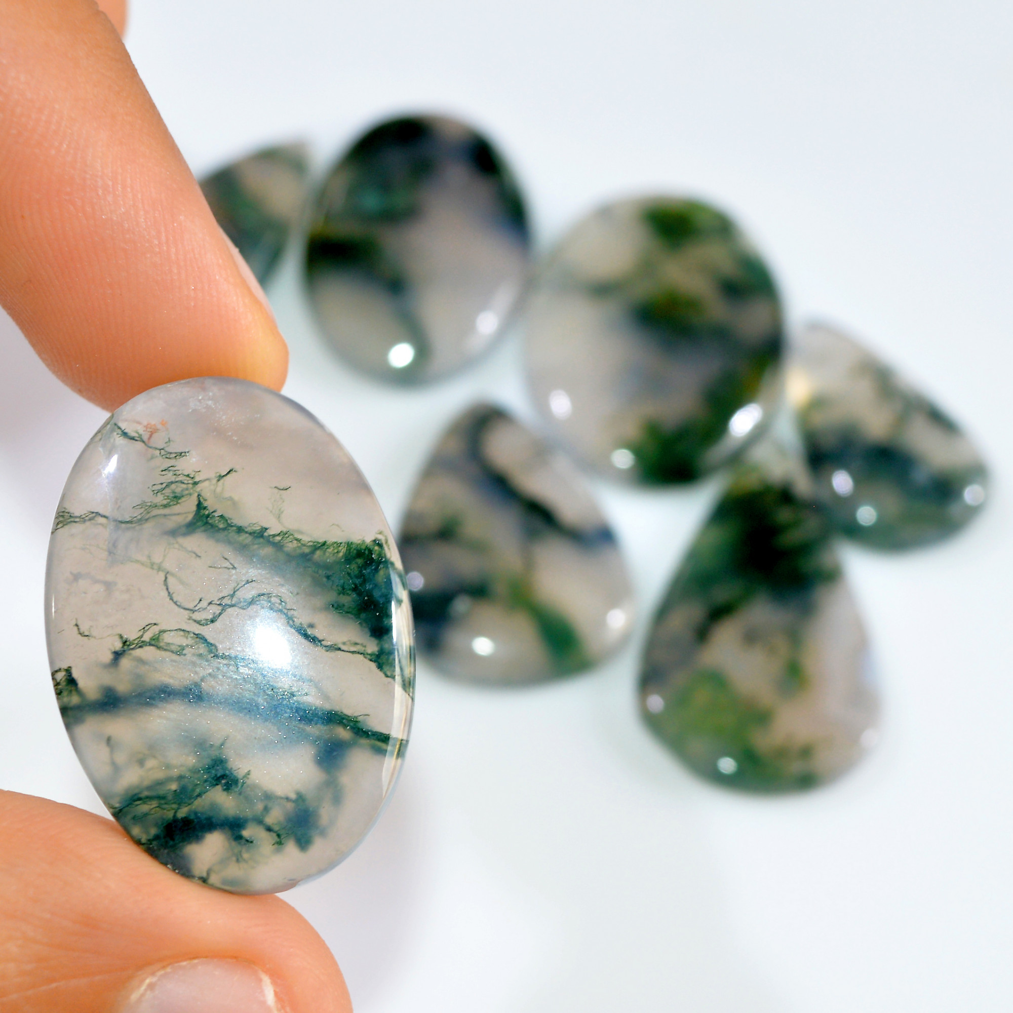 7 Pcs 167 Cts Natural Moss Agate Loose Cabochon Wholesale Jewelry Making Gemstone Lot 33x20 24x15mm 3256