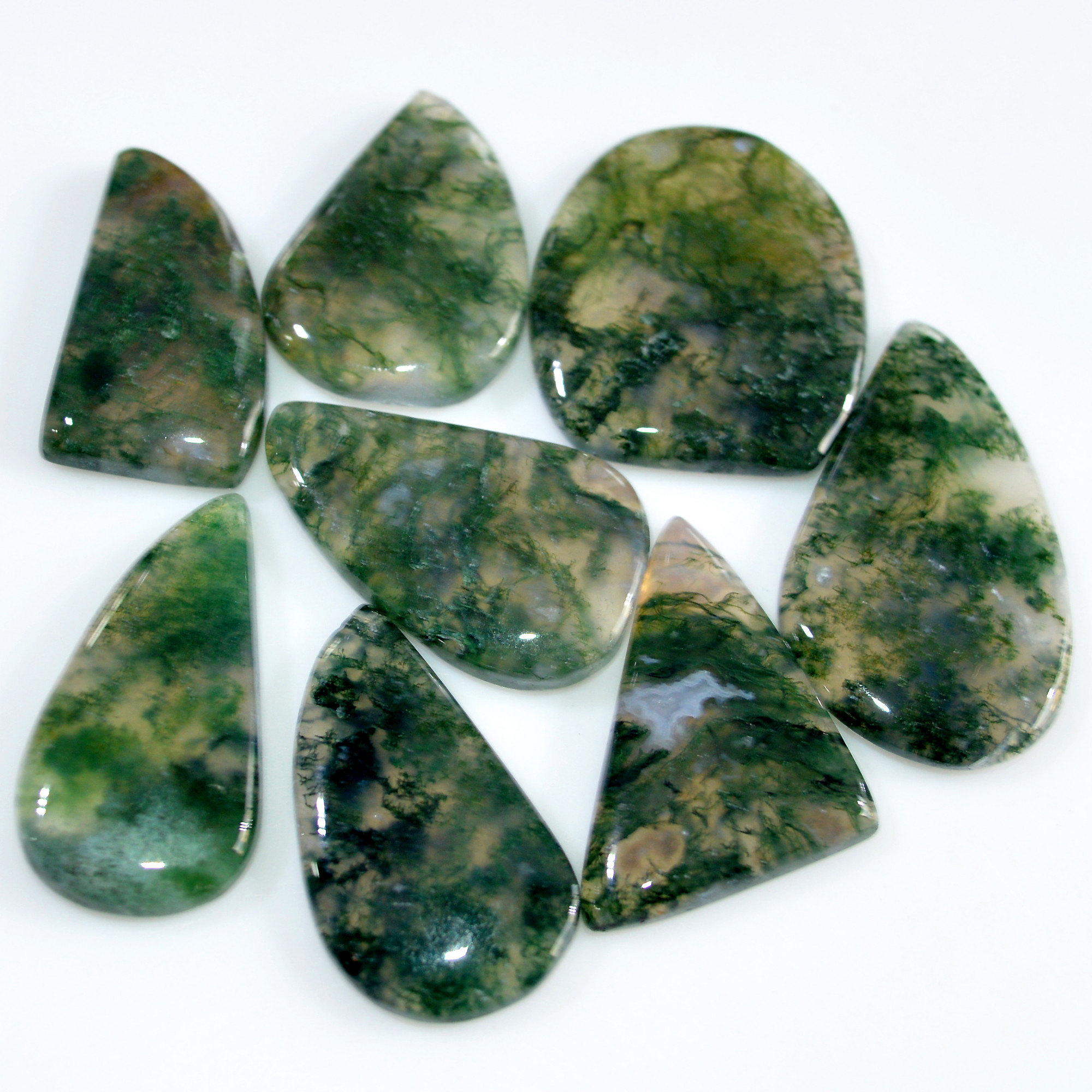 8 Pcs 195 Cts Natural Moss Agate Loose Cabochon Wholesale Jewelry Making Gemstone Lot 35x20 25x18mm 3257