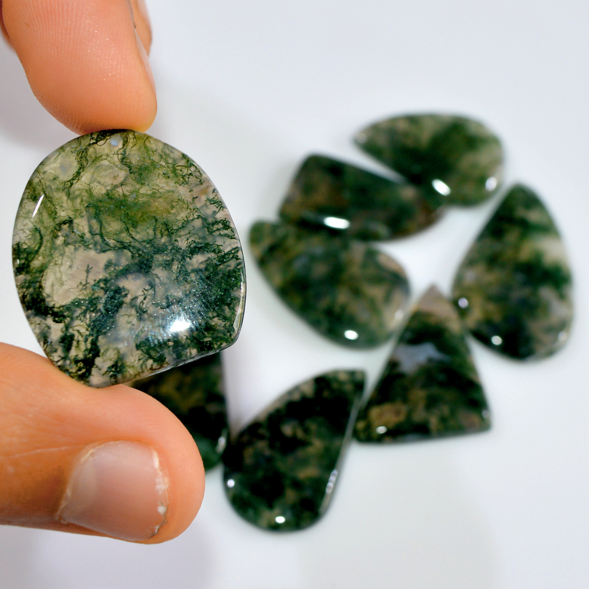 8 Pcs 195 Cts Natural Moss Agate Loose Cabochon Wholesale Jewelry Making Gemstone Lot 35x20 25x18mm 3257