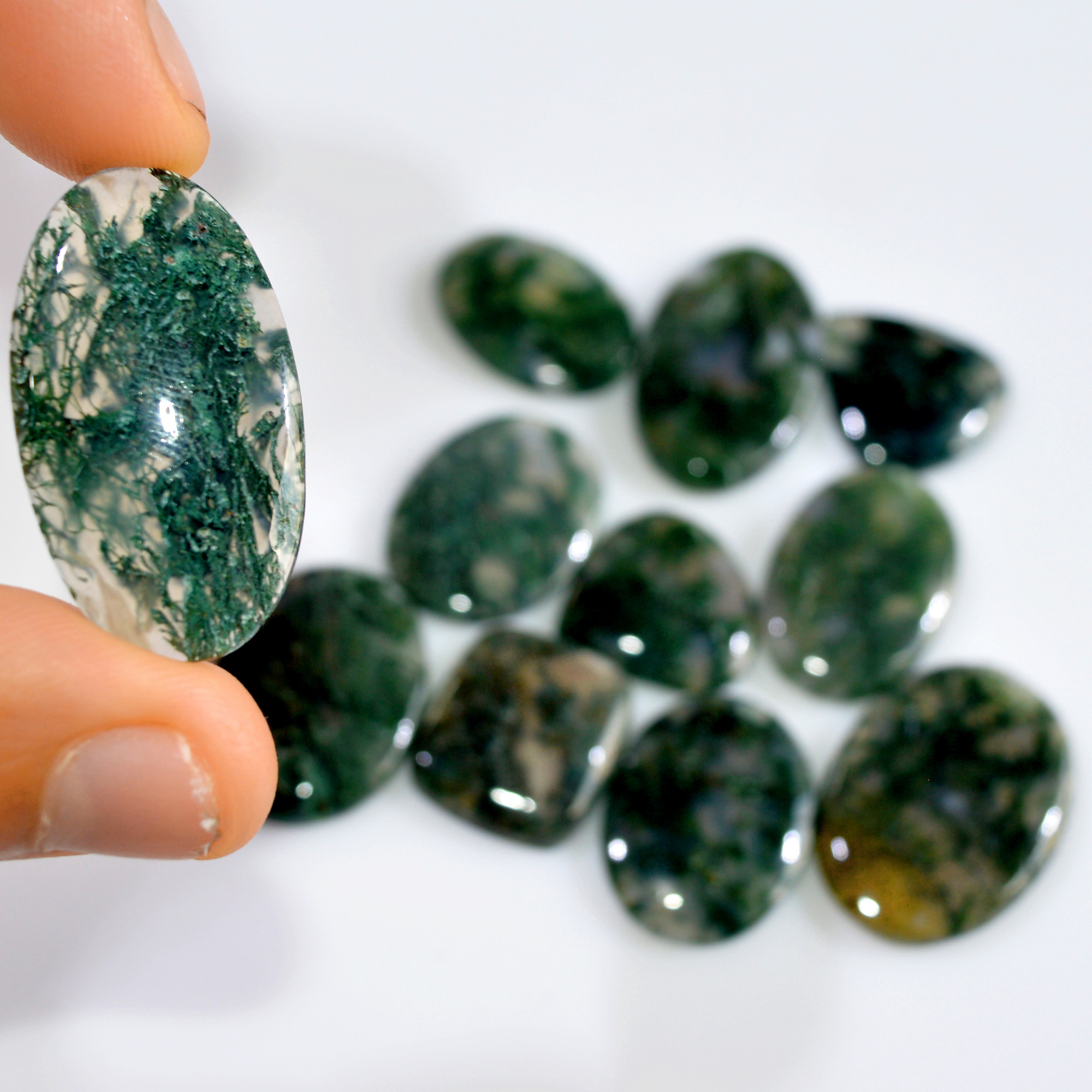 11 Pcs 201 Cts Natural Moss Agate Loose Cabochon Wholesale Jewelry Making Gemstone Lot 31x16 20x16mm 3258