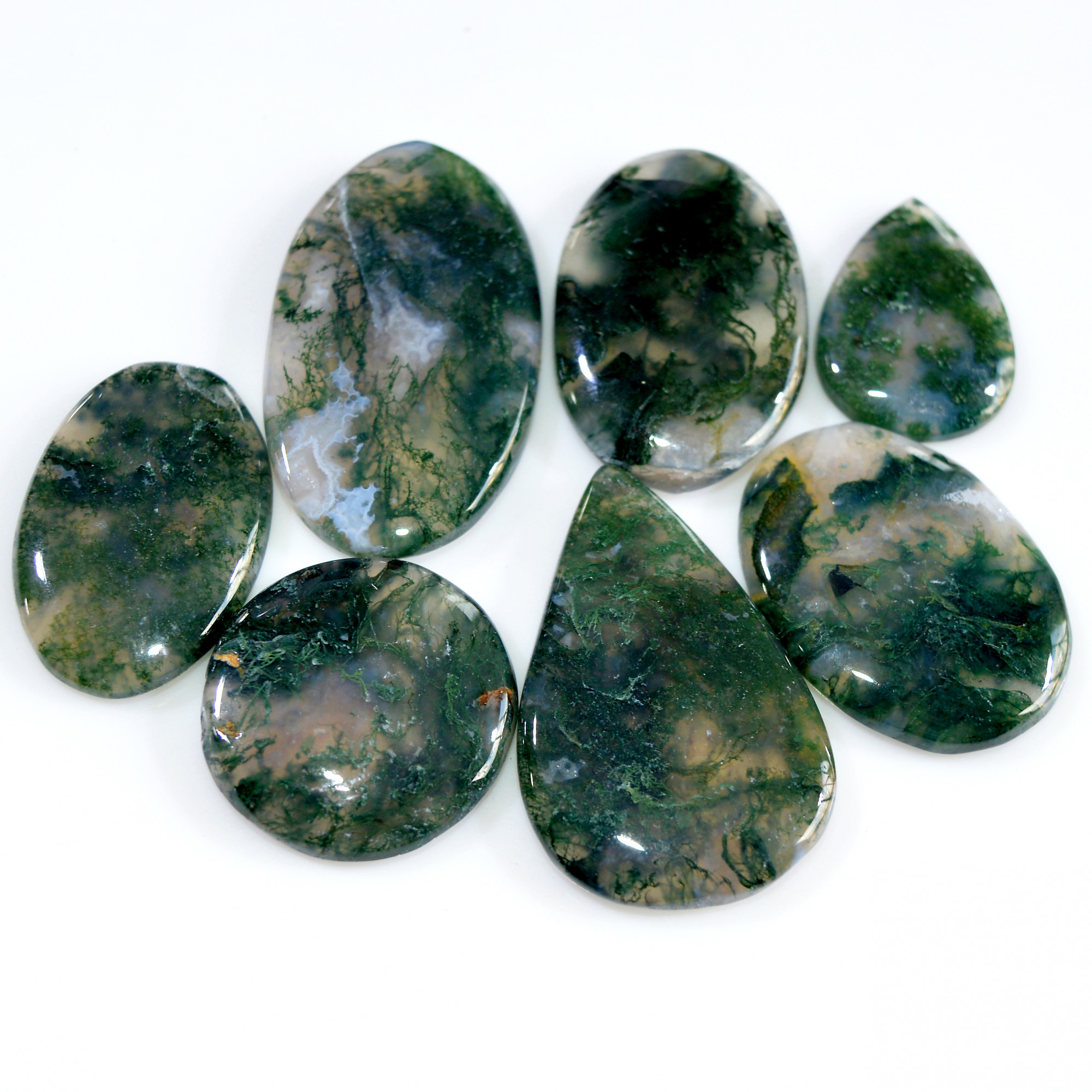 7 Pcs 206 Cts Natural Moss Agate Loose Cabochon Wholesale Jewelry Making Gemstone Lot 38x20 22x15mm 3261