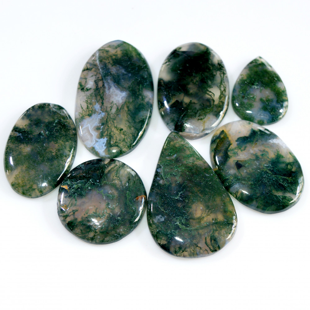Image of 7 Pcs 206 Cts Natural Moss Agate Loose Cabochon Wholesale Jewelry Making Gemstone Lot 38x20 22x15mm #3261