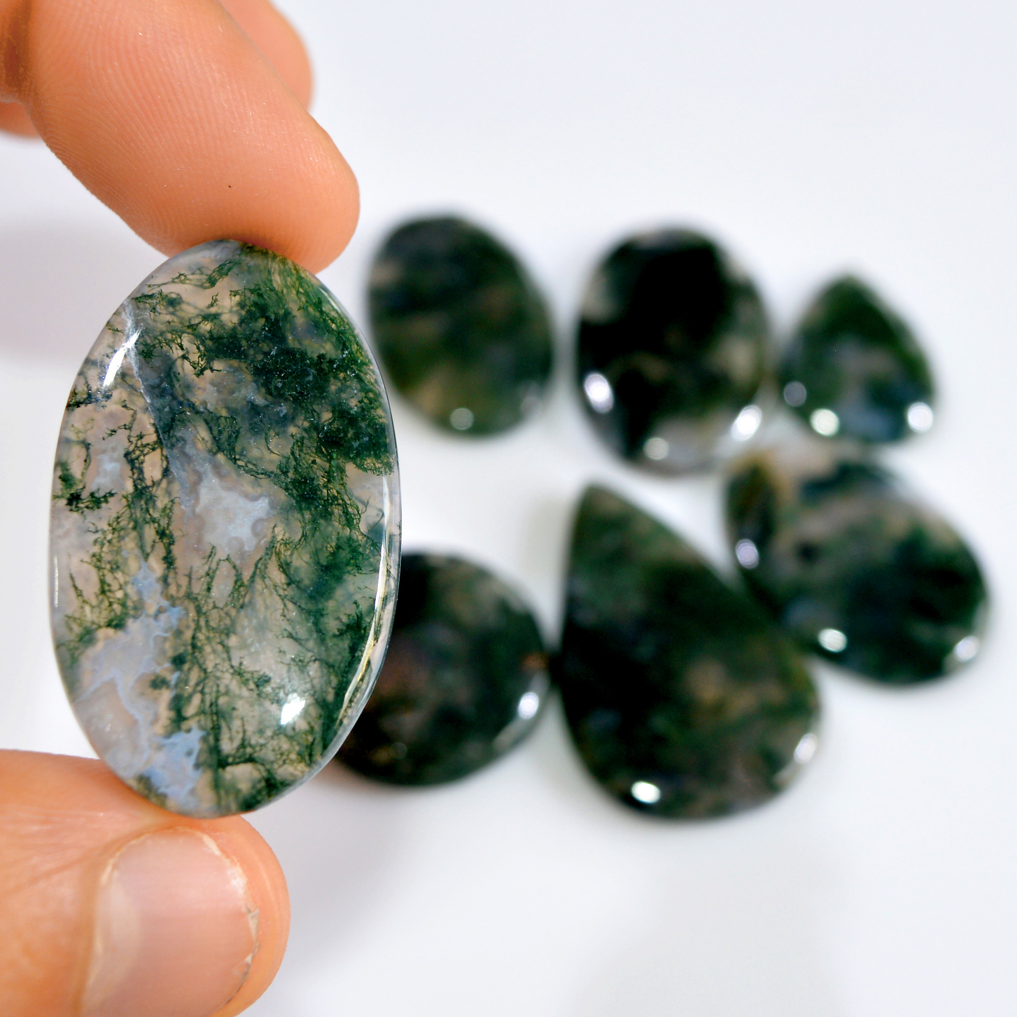 7 Pcs 206 Cts Natural Moss Agate Loose Cabochon Wholesale Jewelry Making Gemstone Lot 38x20 22x15mm 3261