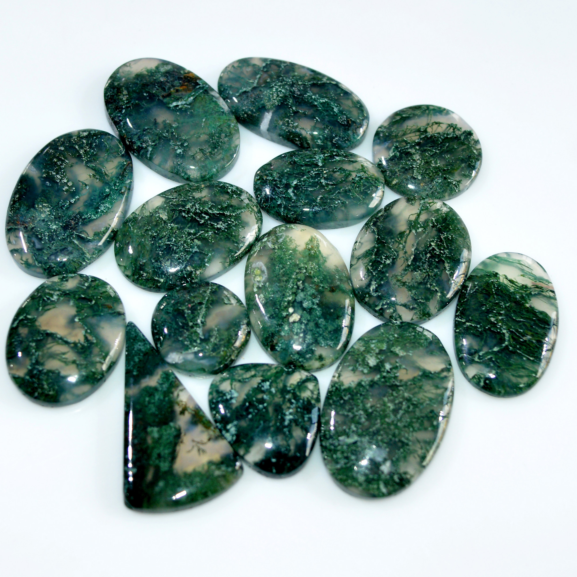 14 Pcs 190 Cts Natural Moss Agate Loose Cabochon Wholesale Jewelry Making Gemstone Lot 28x15 14x14mm 3264