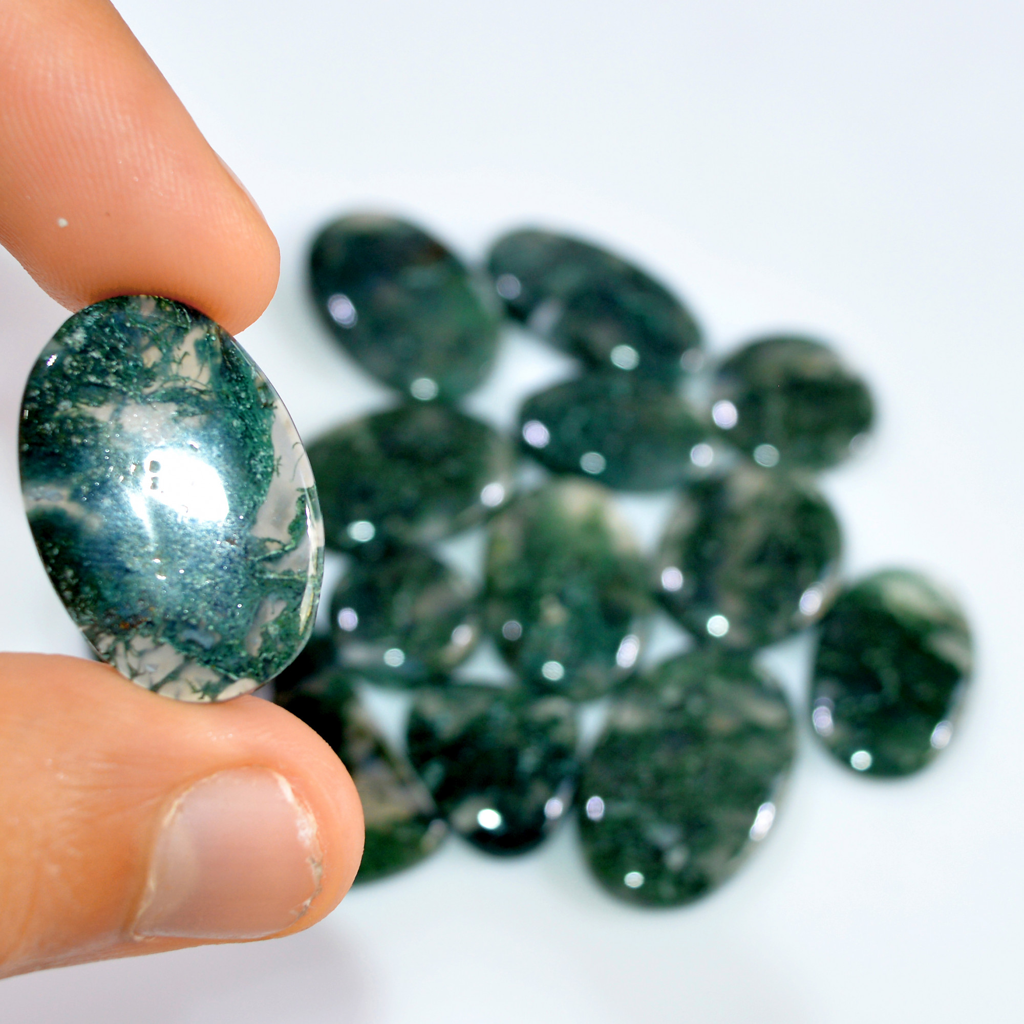 14 Pcs 190 Cts Natural Moss Agate Loose Cabochon Wholesale Jewelry Making Gemstone Lot 28x15 14x14mm 3264