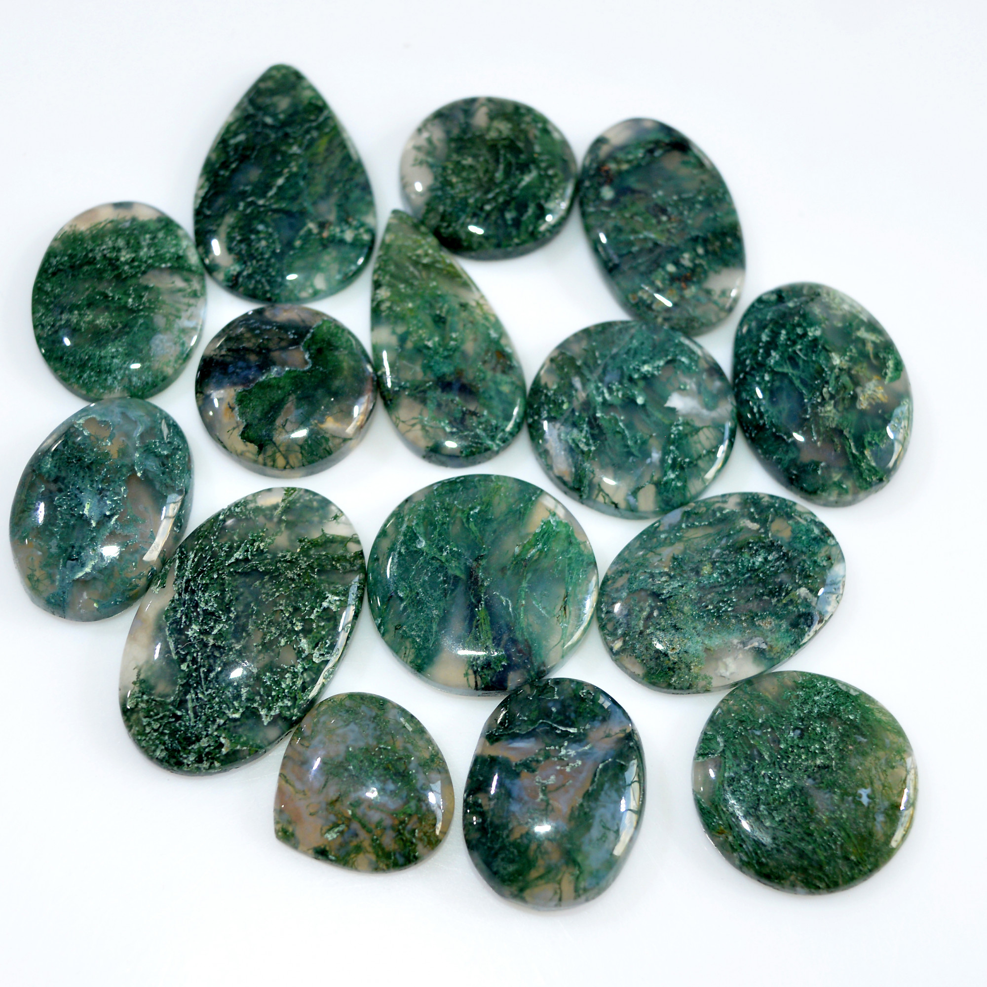 15 Pcs 175 Cts Natural Moss Agate Loose Cabochon Wholesale Jewelry Making Gemstone Lot 25x15 14x14mm 3267