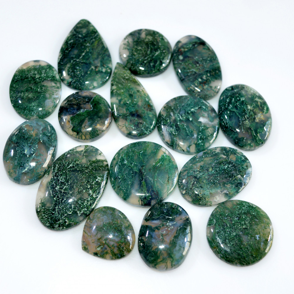 Image of 15 Pcs 175 Cts Natural Moss Agate Loose Cabochon Wholesale Jewelry Making Gemstone Lot 25x15 14x14mm #3267