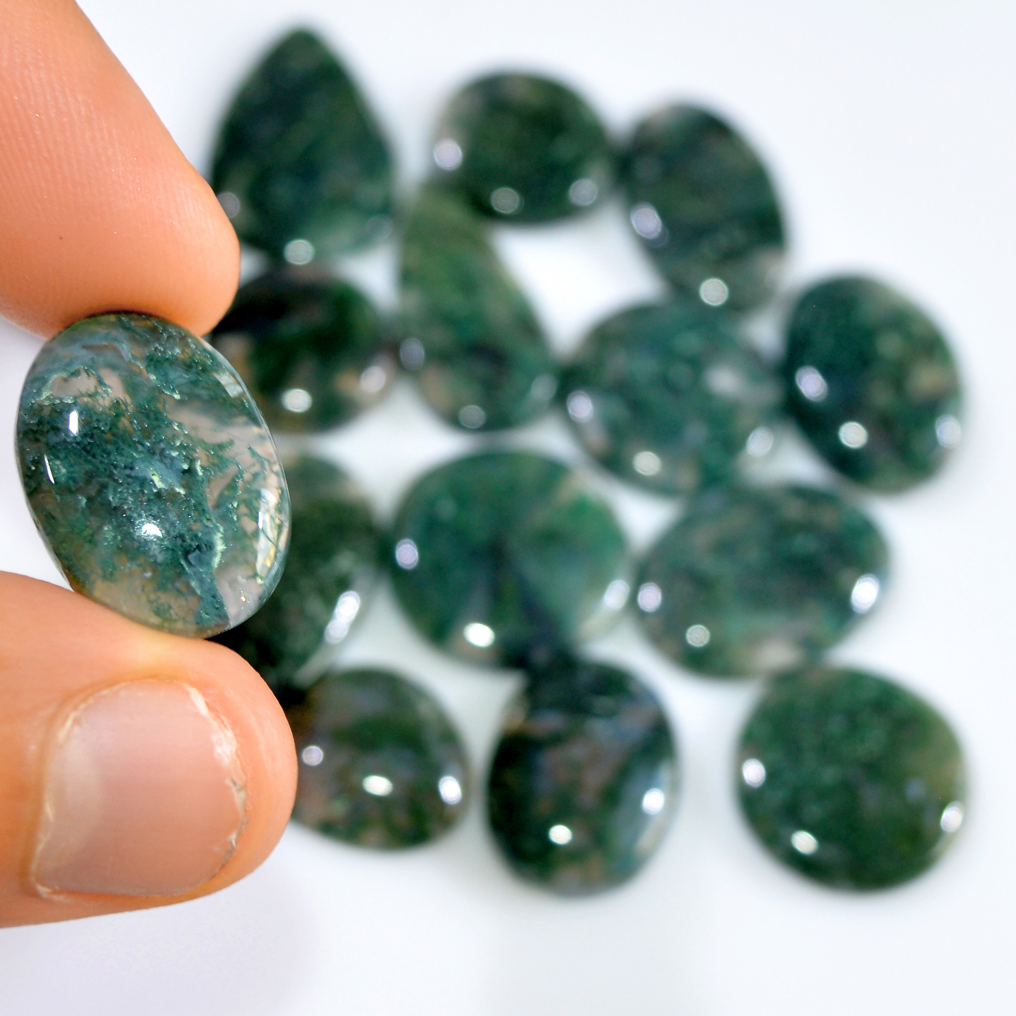 15 Pcs 175 Cts Natural Moss Agate Loose Cabochon Wholesale Jewelry Making Gemstone Lot 25x15 14x14mm 3267