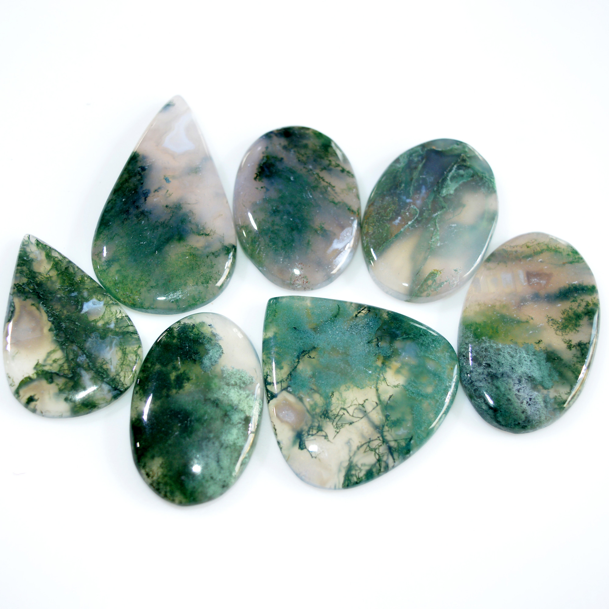 7 Pcs 259 Cts Natural Moss Agate Loose Cabochon Wholesale Jewelry Making Gemstone Lot 43x24 31x20mm 3269