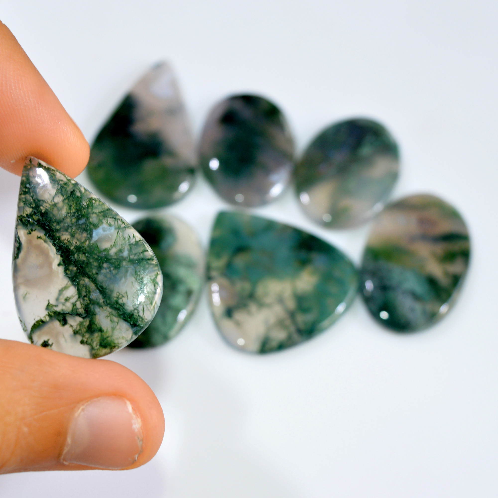 7 Pcs 259 Cts Natural Moss Agate Loose Cabochon Wholesale Jewelry Making Gemstone Lot 43x24 31x20mm 3269