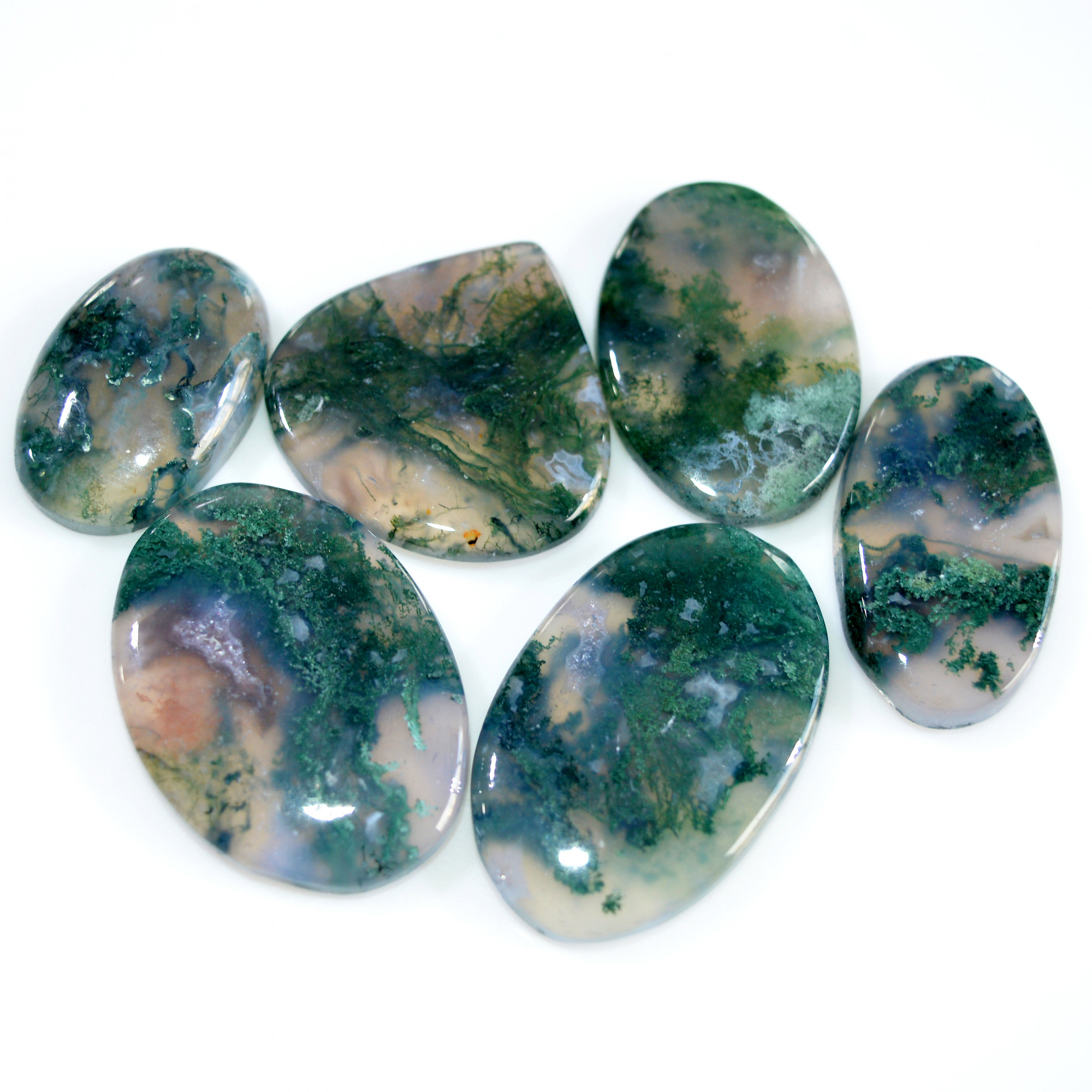 6 Pcs 253 Cts Natural Moss Agate Loose Cabochon Wholesale Jewelry Making Gemstone Lot 34x24 26x17mm 3270