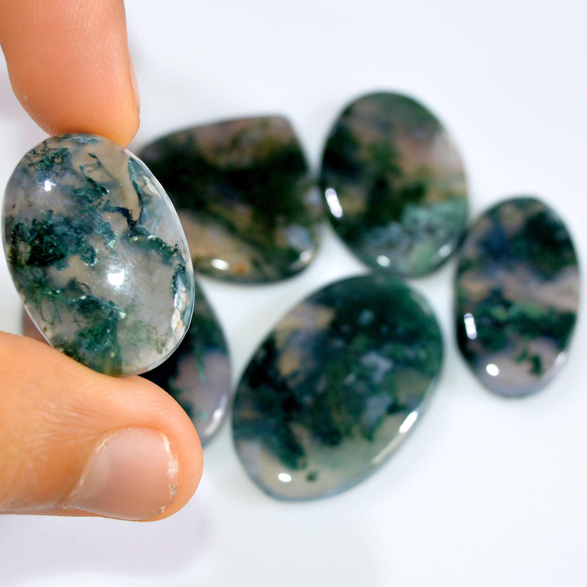 6 Pcs 253 Cts Natural Moss Agate Loose Cabochon Wholesale Jewelry Making Gemstone Lot 34x24 26x17mm 3270