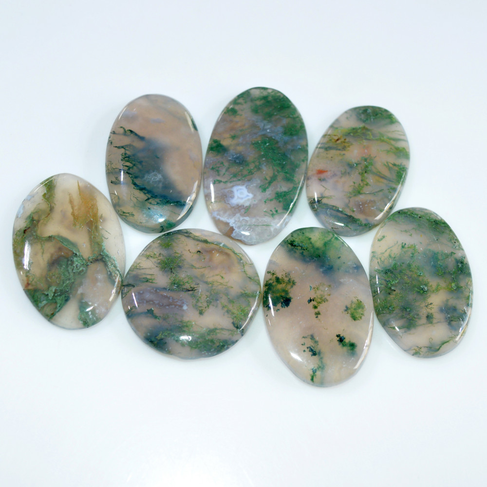 Image of 7 Pcs 209 Cts Natural Moss Agate Loose Cabochon Wholesale Jewelry Making Gemstone Lot 35x20 25x25mm #3271