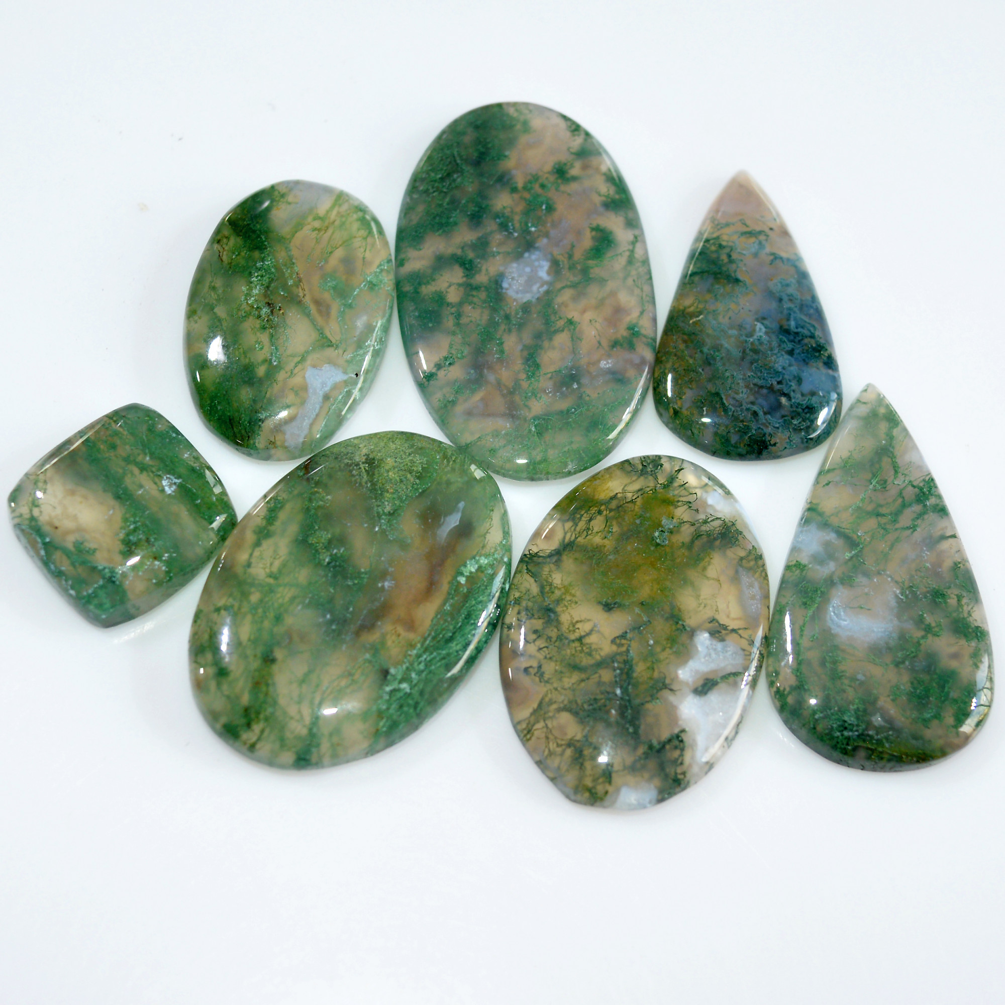 7 Pcs 169 Cts Natural Moss Agate Loose Cabochon Wholesale Jewelry Making Gemstone Lot 38x21 15x15mm 3272