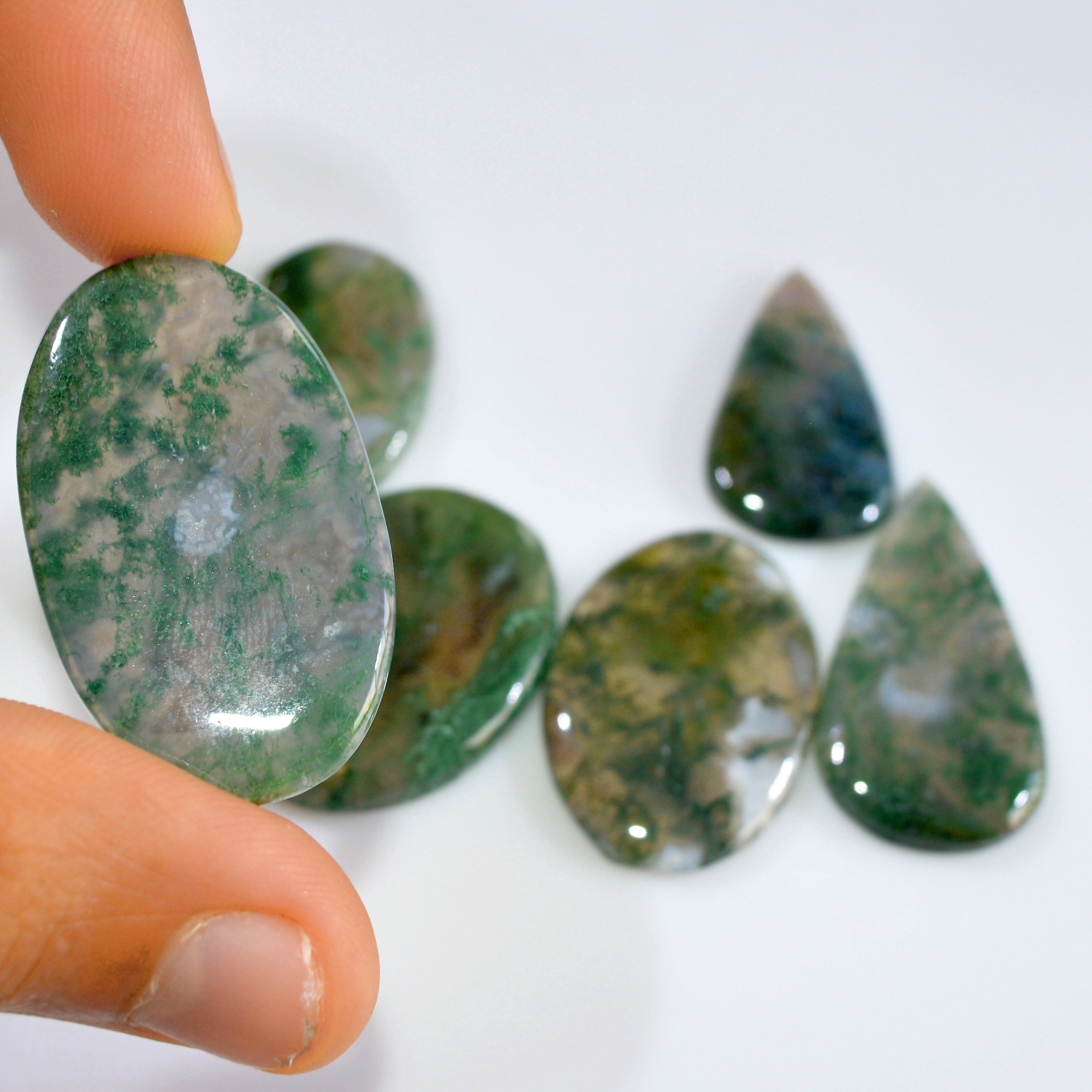 7 Pcs 169 Cts Natural Moss Agate Loose Cabochon Wholesale Jewelry Making Gemstone Lot 38x21 15x15mm 3272