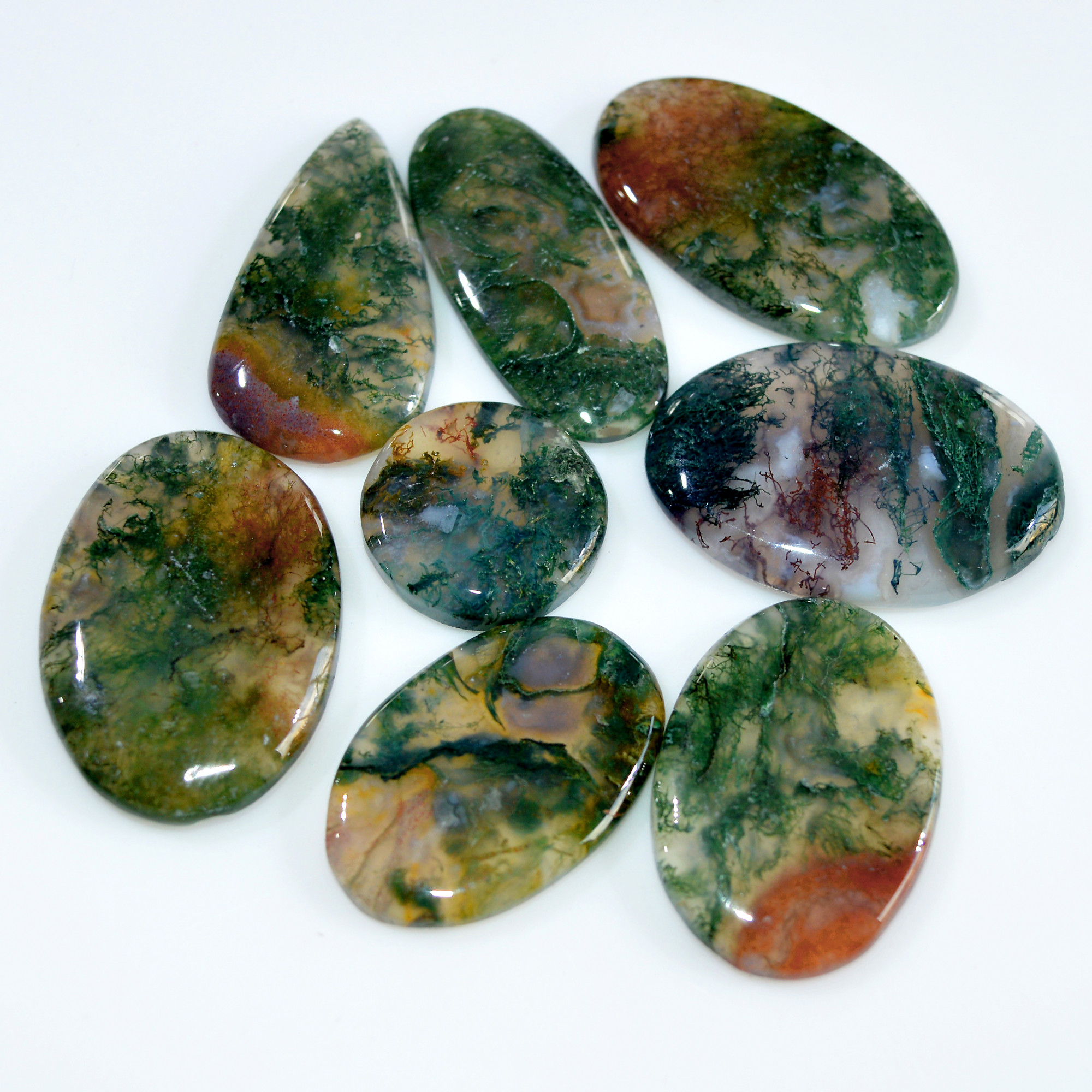 8 Pcs 200 Cts Natural Moss Agate Loose Cabochon Wholesale Jewelry Making Gemstone Lot 34x19 18x18mm 3273