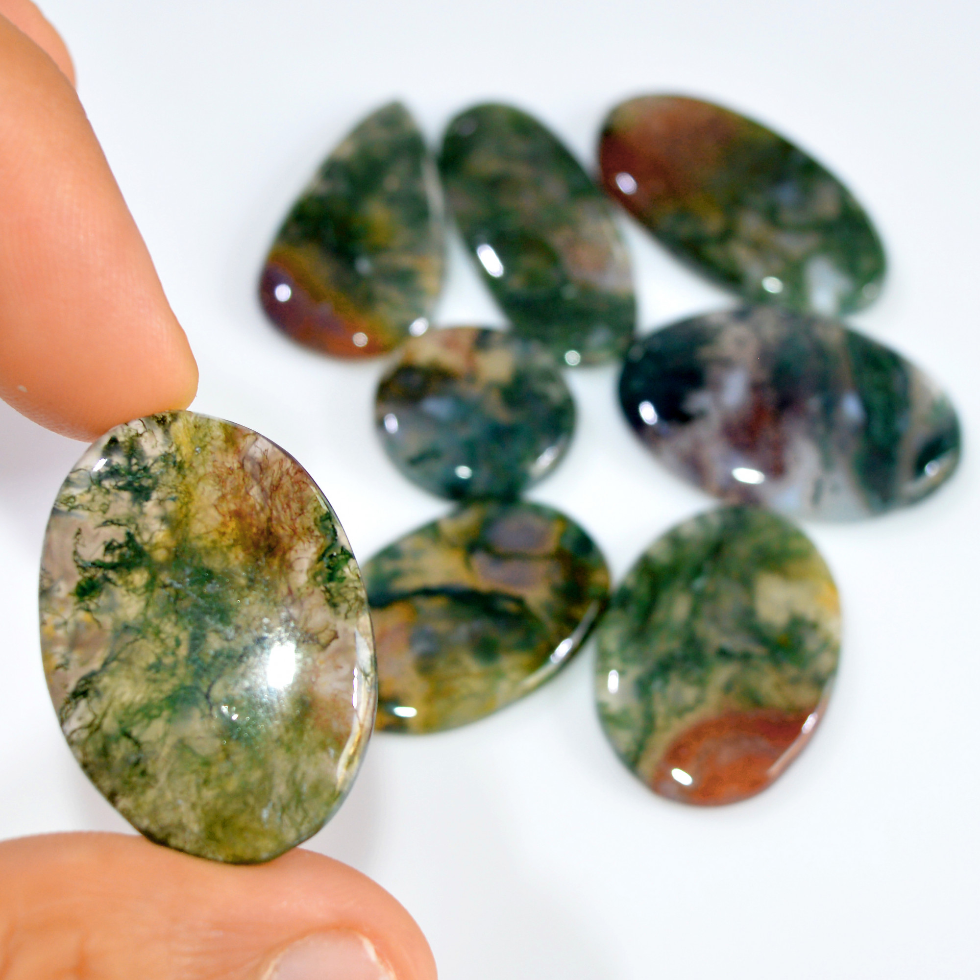 8 Pcs 200 Cts Natural Moss Agate Loose Cabochon Wholesale Jewelry Making Gemstone Lot 34x19 18x18mm 3273