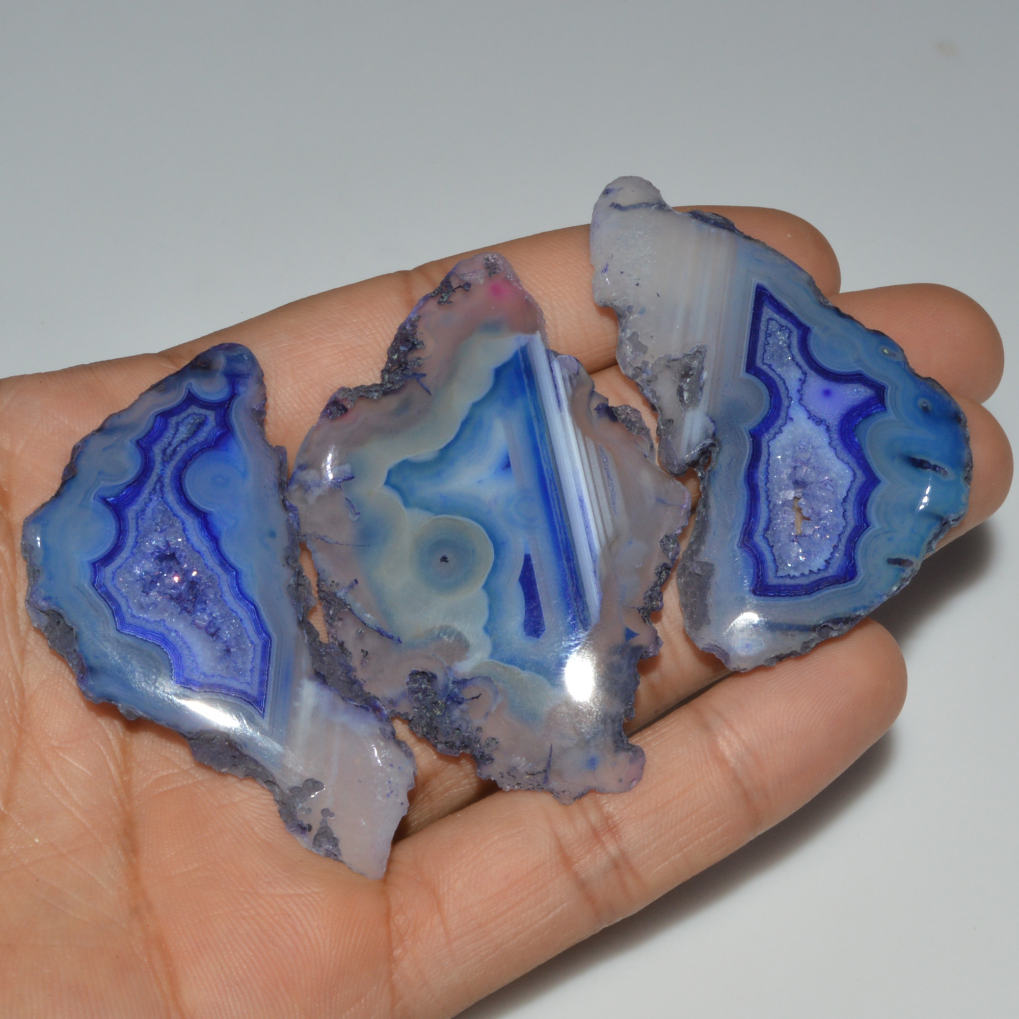 3 Pcs 240 Cts Natural Agate Silces One Side Polish Gemstone 62x40 60x27mm 3358