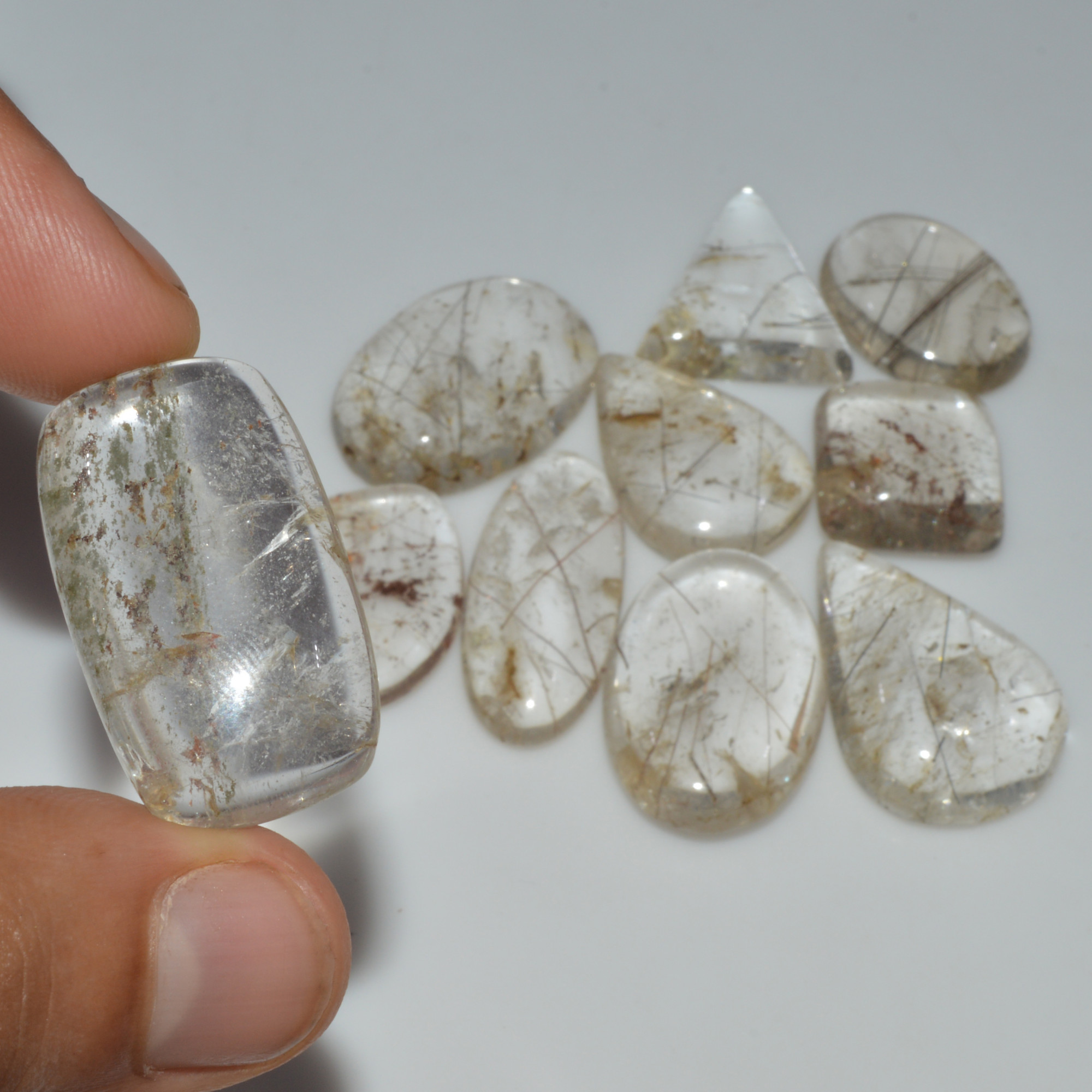 10 Pcs 210 Cts Natural Rutile Quartz Mixed Shape Cabochon Loose Gemstone Lot 30x15 20x13mm 3390