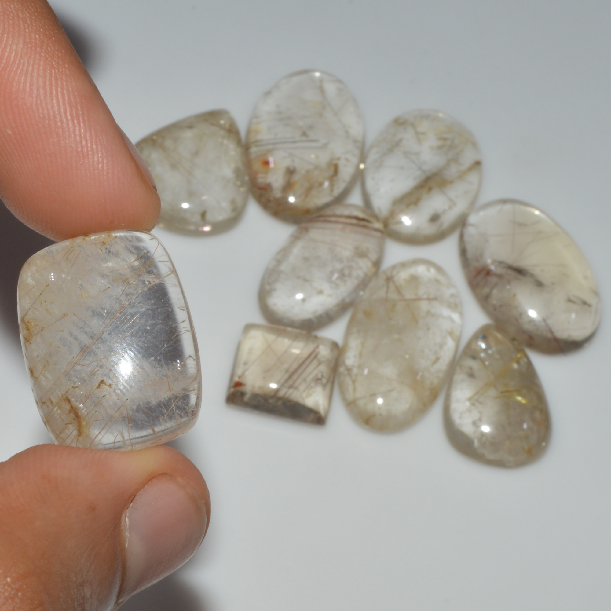9 Pcs 209 Cts Natural Rutile Quartz Mixed Shape Cabochon Loose Gemstone Lot 30x15 21x15mm 3392