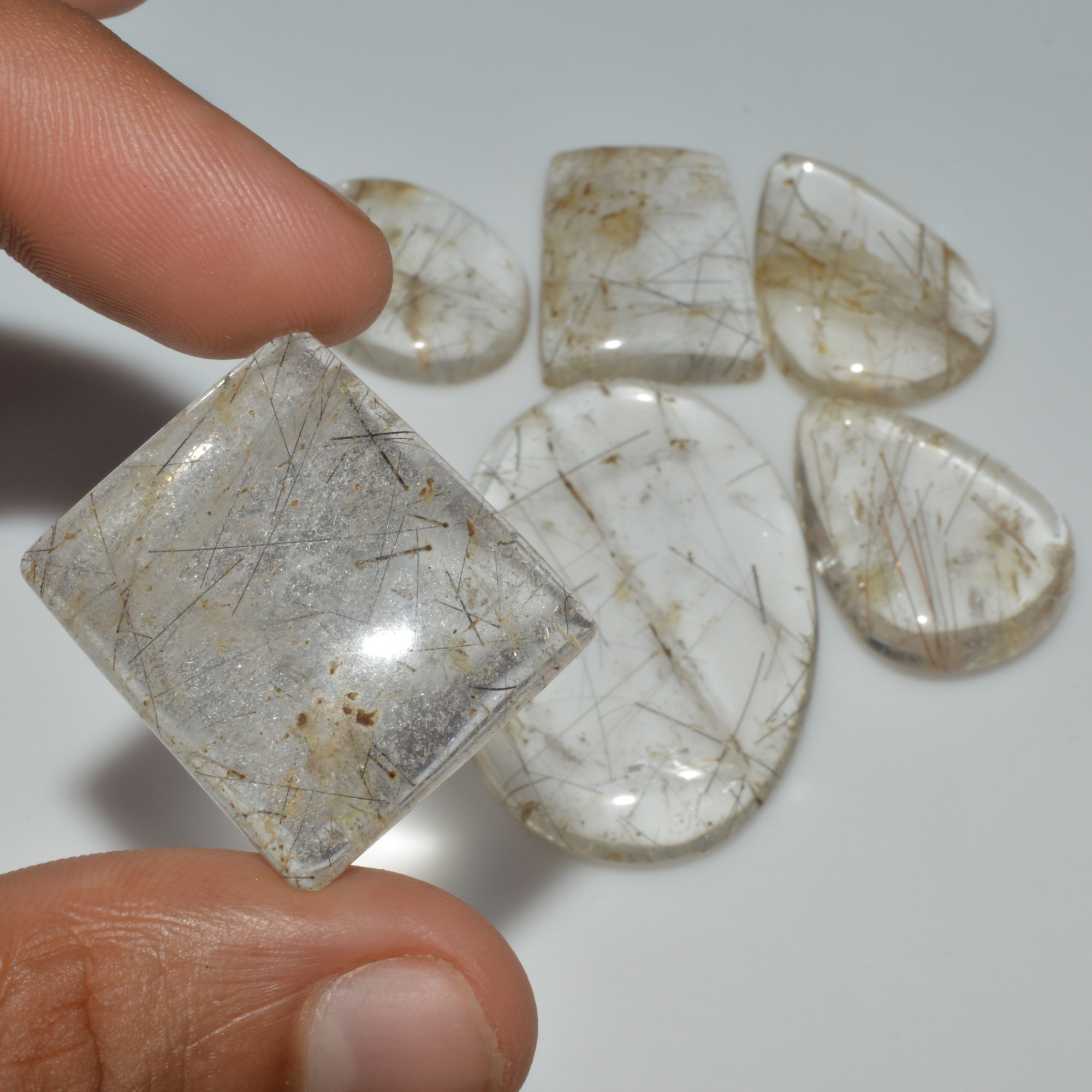 6 Pcs 295 Cts Natural Rutile Quartz Mixed Shape Cabochon Loose Gemstone Lot 45x30 25x18mm 3395