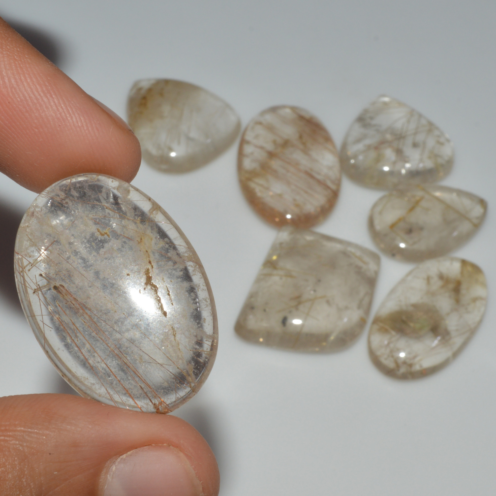 7 Pcs 225 Cts Natural Rutile Quartz Mixed Shape Cabochon Loose Gemstone Lot 30x20 24x20mm 3397