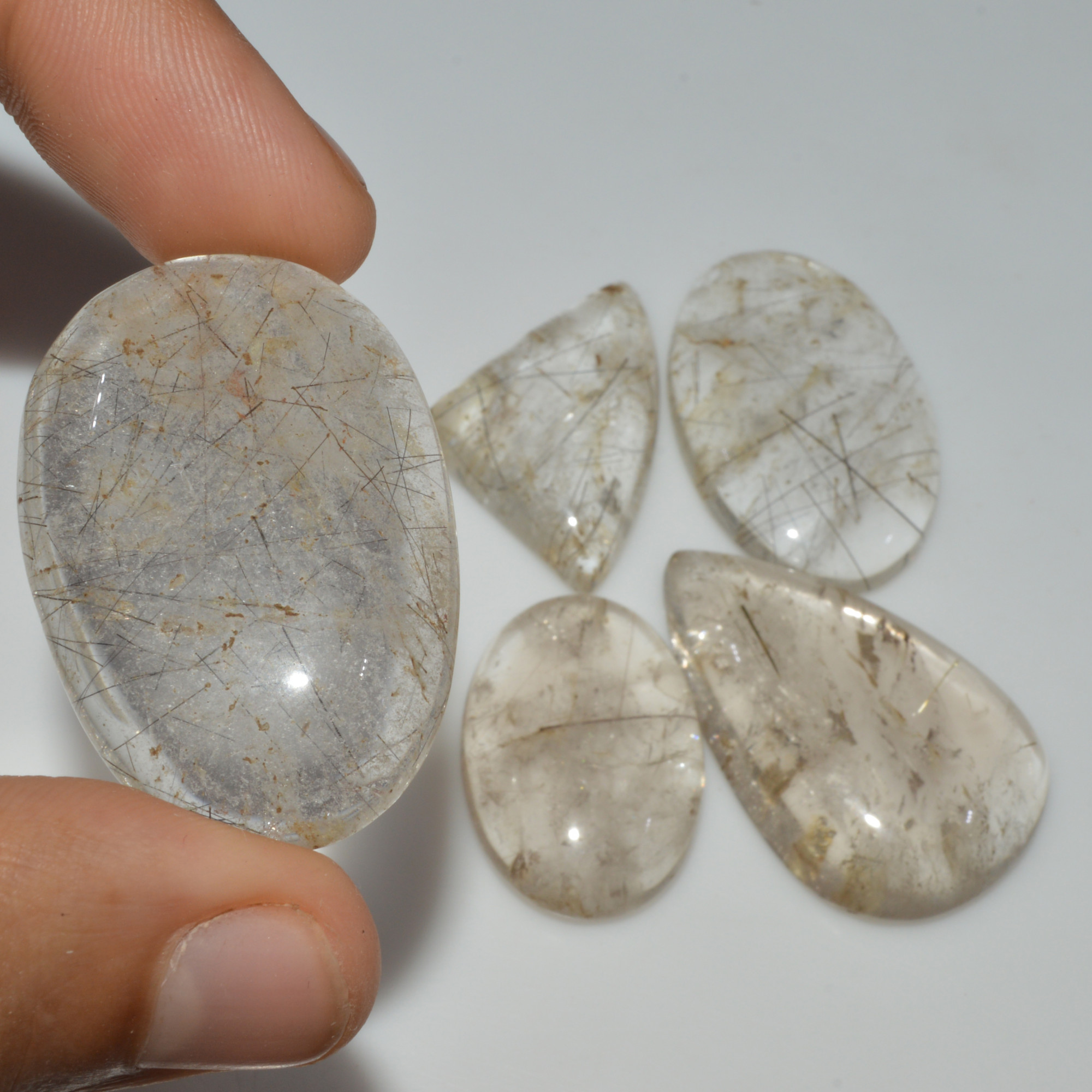 5 Pcs 262 Cts Natural Rutile Quartz Mixed Shape Cabochon Loose Gemstone Lot 40x25 27x19mm 3398