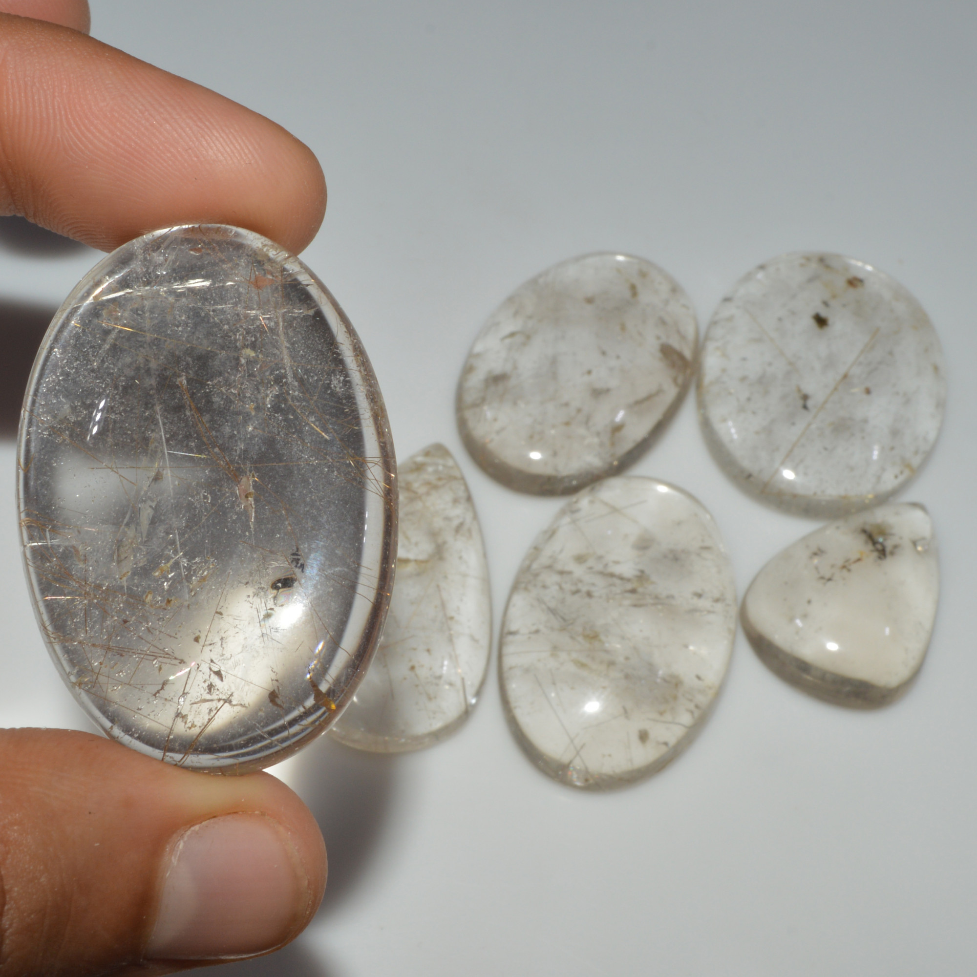 6 Pcs 501 Cts Natural Rutile Quartz Mixed Shape Cabochon Loose Gemstone Lot 45x28 30x20mm 3418