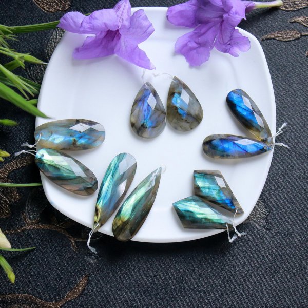 5 pair 121Cts Natural Faceted Labradorite Front To Back Drilled Matched Earring Pair Loose Cabochon Gemstone Lot Size 33x12 23x14mm