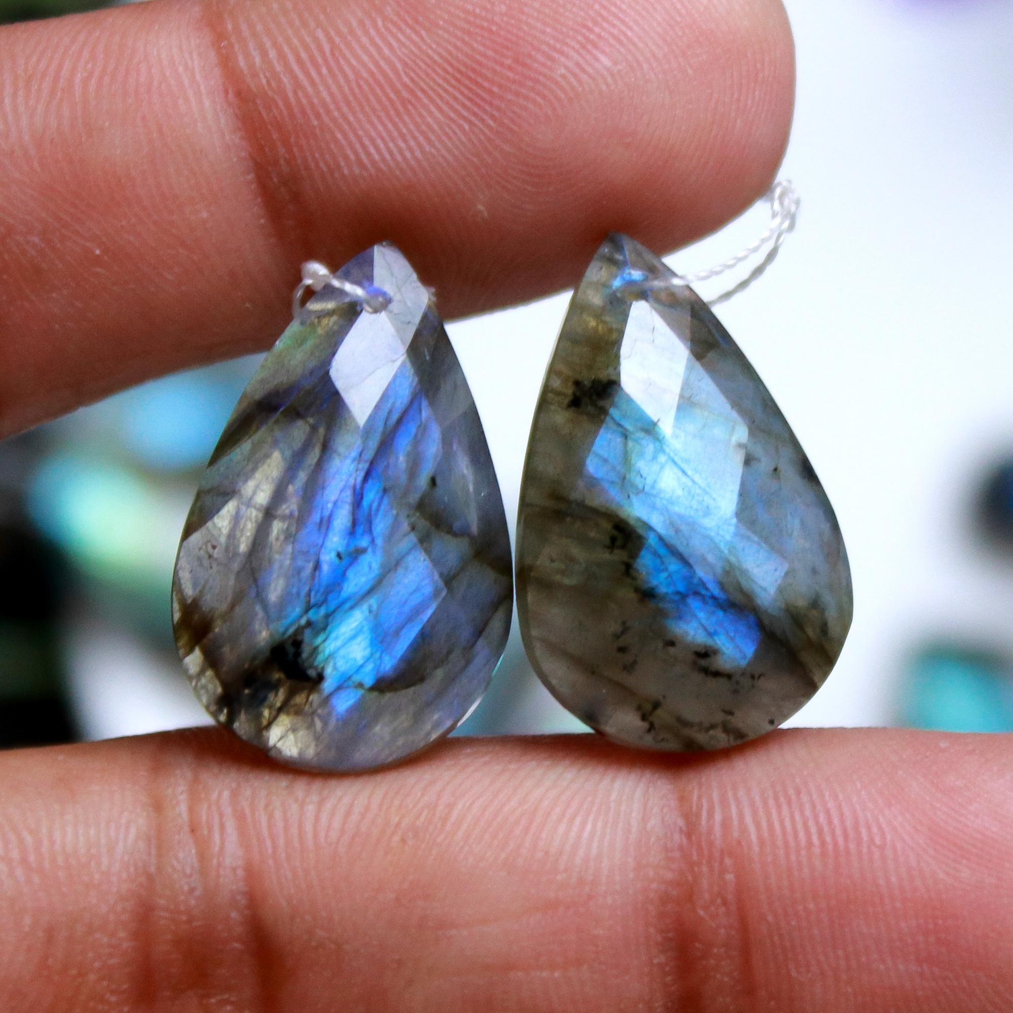 5 pair 121Cts Natural Faceted Labradorite Front To Back Drilled Matched Earring Pair Loose Cabochon Gemstone Lot Size 33x12 23x14mm