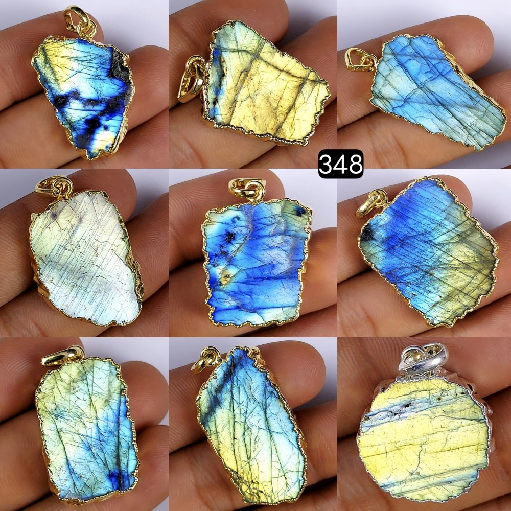 9Pcs 358Cts  Natural Labradorite Slice Pendants Lot Gold Plated Silces Pendants Mix Shapes &amp; Size Pendants Jewelry German Silver Jewelry 28x22 18x18mm#G-348