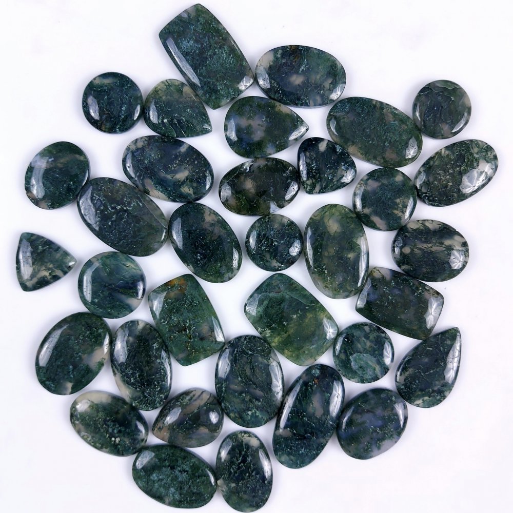 34Pcs 552Cts Natural Green Moss Agate Cabochon Lots Mixed Shapes And Sizes Moss Agate loose gemstone Cabochon Wholesale Lot 28x14 14x14mm#G-355