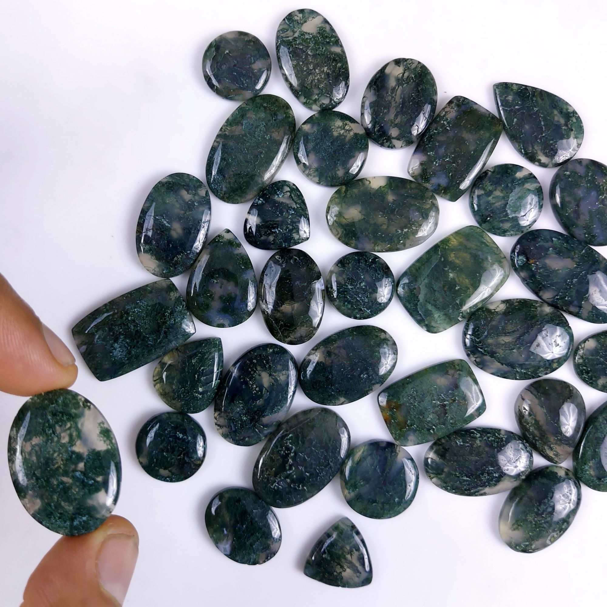 34Pcs 552Cts Natural Green Moss Agate Cabochon Lots Mixed Shapes And Sizes Moss Agate loose gemstone Cabochon Wholesale Lot 28x14 14x14mm#G-355